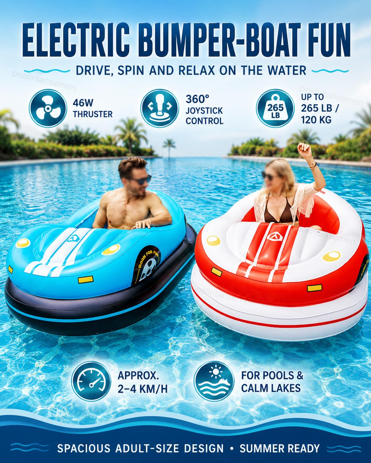 Tumbona Eléctrica para Piscina, Barco Hinchable de Choque para Adultos con Propulsor 46W, Joystick 360°, 2 x 2600mAh Baterías para Piscinas, Resorts y Vacaciones de Verano Red