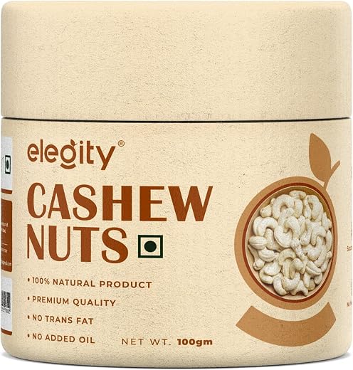 Elegity 100% Natural W210 Plain Cashew Papertube 100 gm | Whole Kaju - Nutritious, Delicious &amp; Crunchy | No Added Preserva...