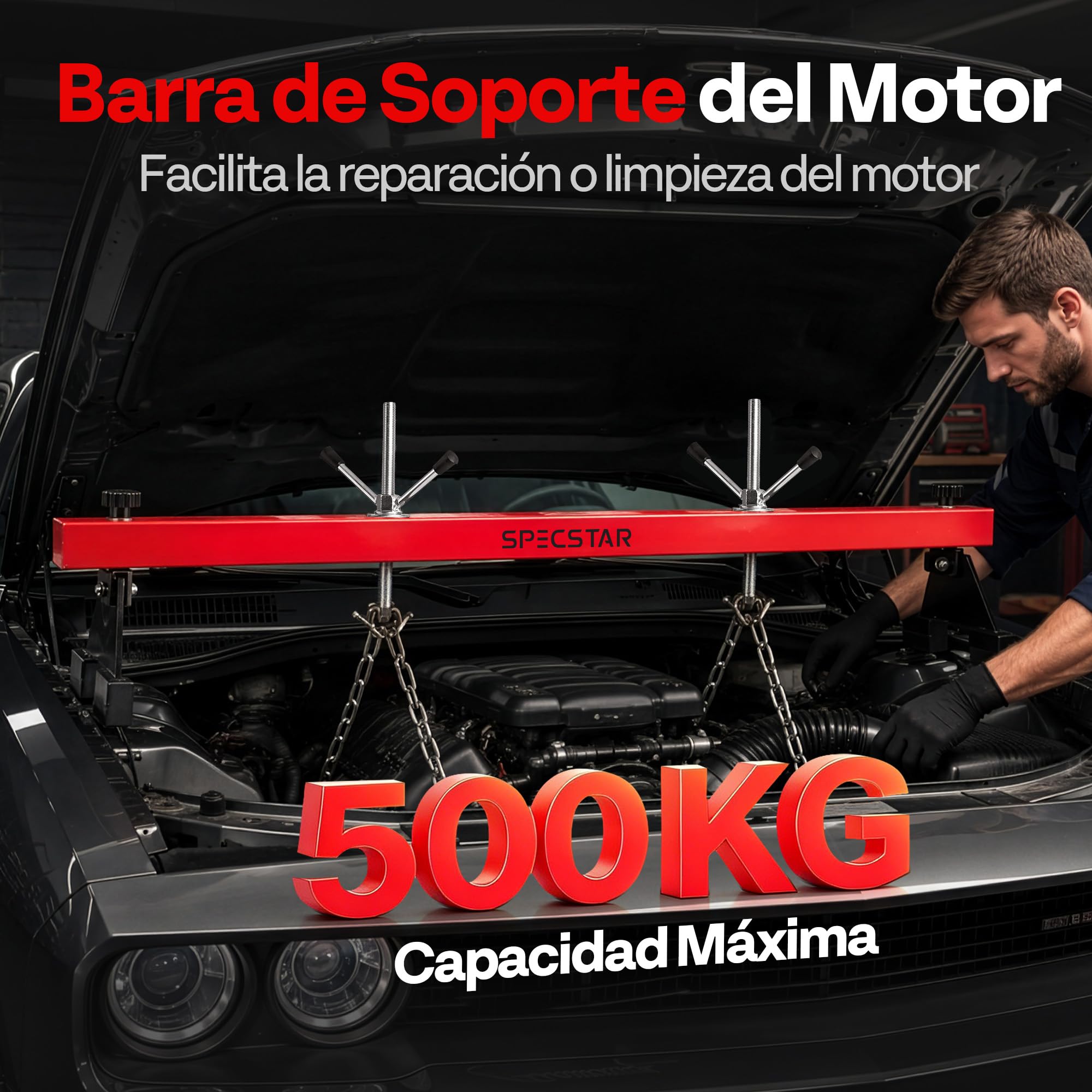 SPECSTAR Barra de Soporte de Motor 500 kg Travesaño para Motor y Transmisión | Ajustable 53,3–144,8 cm, Elevación de Doble Punto con Ganchos Dobles, Rotación 360° con Soporte de 2 Puntos y Ganchos Dobles