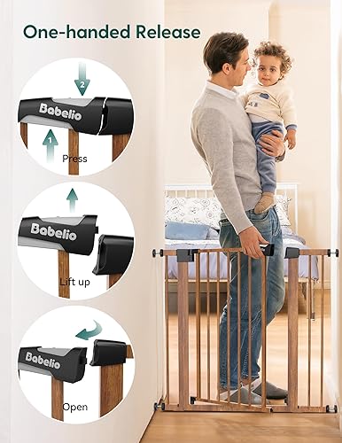 Miniatura 5 de BABELIO - Ganador del premio Mom's Choice - Puerta de metal para bebés de 26 a 40 pulgadas con patrón de madera, puerta de perro fácil de instalar,