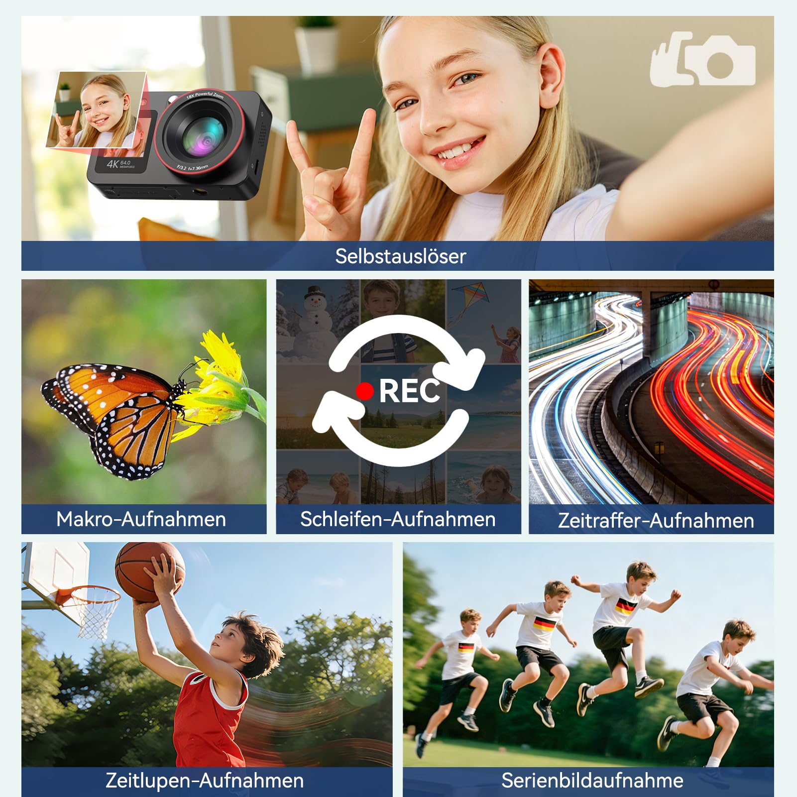 Digitalkamera 4K 64MP Vlogging Fotokamera Kompaktkamera 18X Digitalzoom Kamera für Kinder mit 2 Bildschirme, 2 Batterien, 64GB SD Karte für Kinder Teenager Anfänger, Schwarz