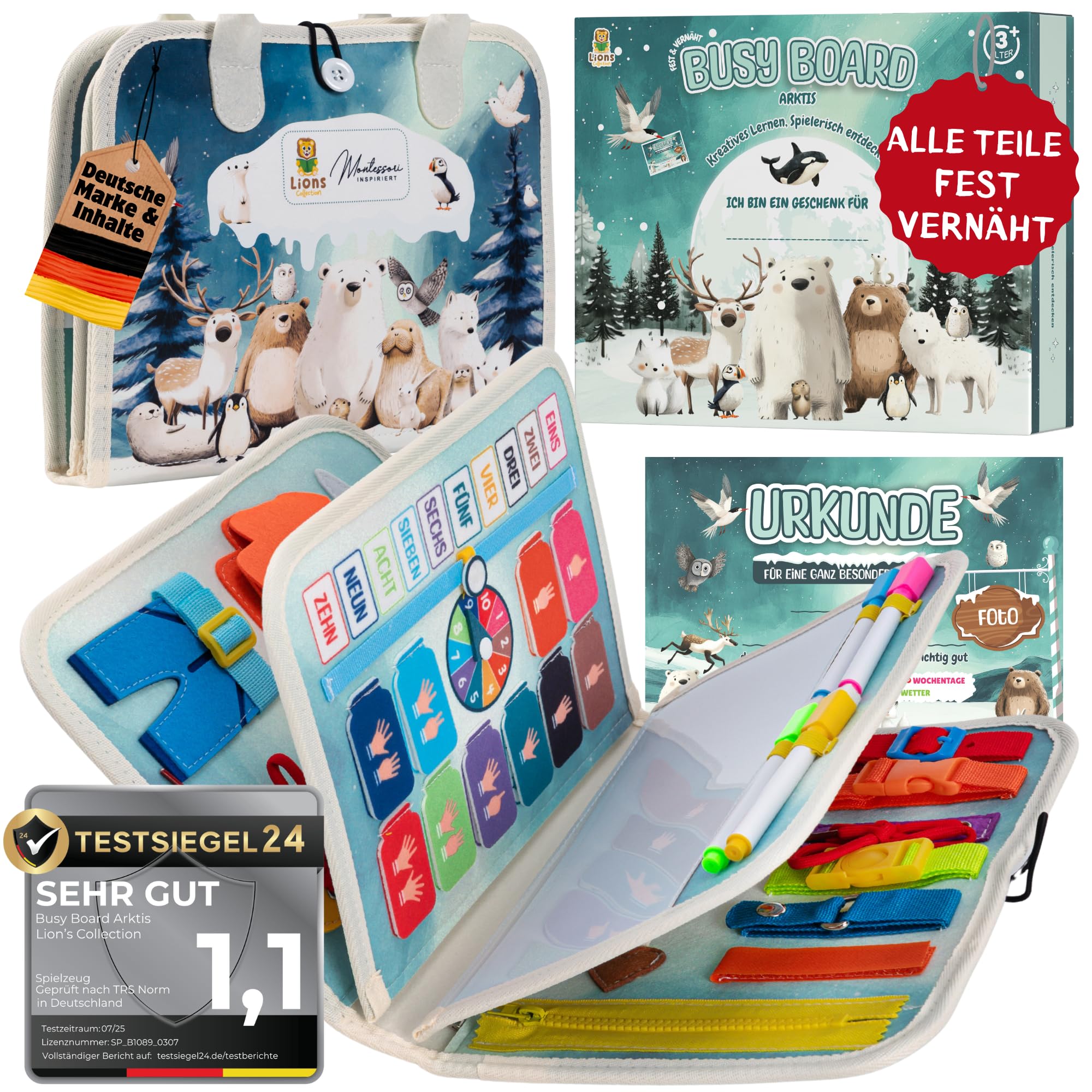 Lion’s Collection Montessori Busy Board Deutsch ab 3 Jahre – Busy Book & Activity Board für Kinder – Motorikbuch & Lernbuch – Reisespielzeug für Auto, Zug & Flugzeug