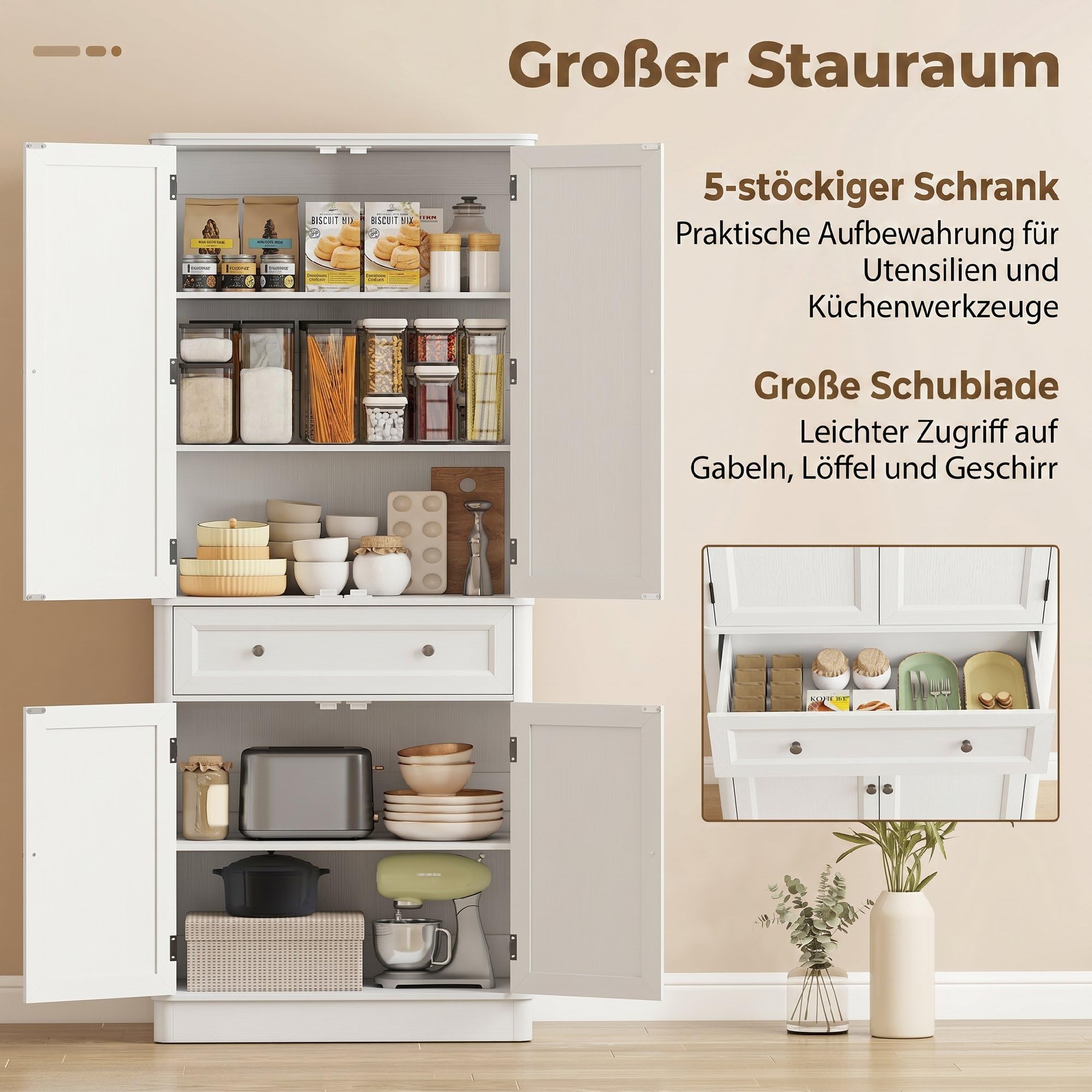 HOMCOM Küchenschrank 186,4 cm Hochschrank Buffetschrank mit 4 Türen, Schublade und verstellbaren Einlegeböden Vorratsschrank für Küche, Esszimmer, Wohnzimmer Weiß, 80 x 39,5 x 186,4 cm