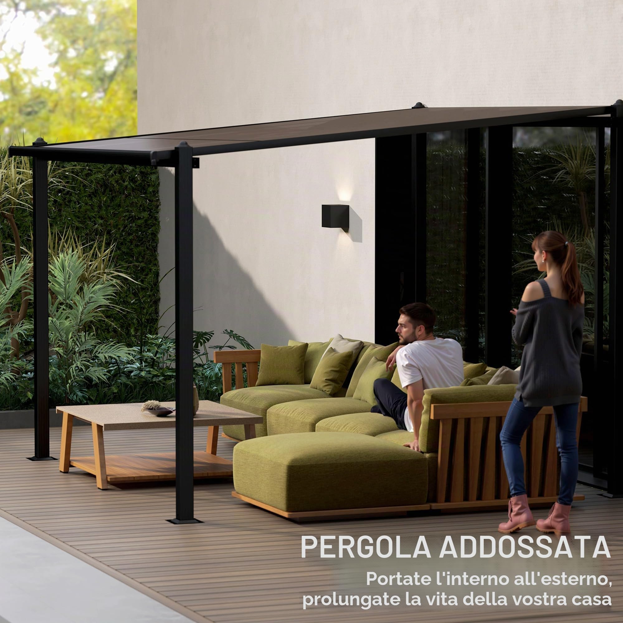 Outsunny Pergola da Giardino in Alluminio 3 x 3 m con Tetto in Policarbonato Impermeabile, Sistema di Drenaggio, Protezione UPF30+ per Patio Terrazzo Cortile, Grigio