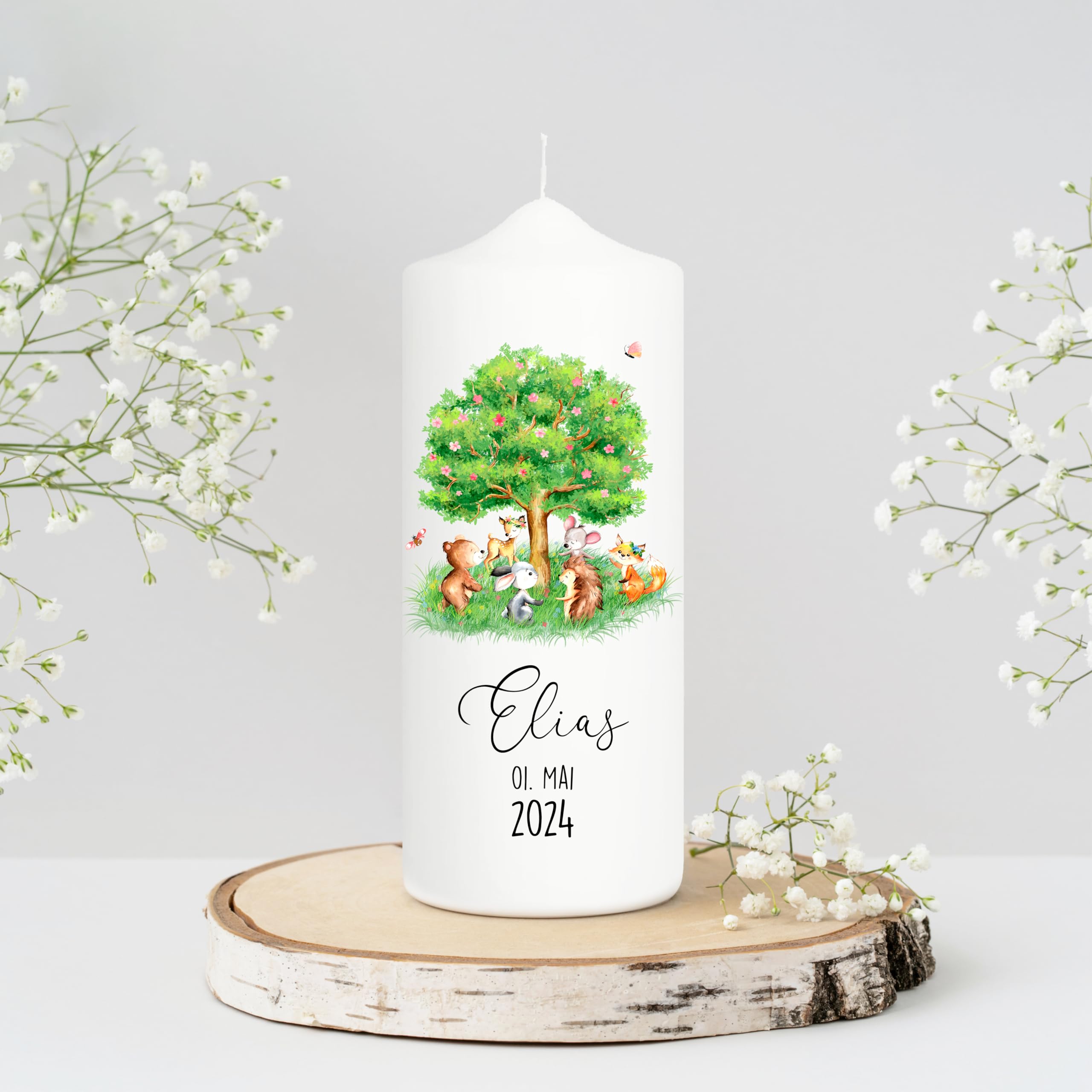 Bougie Baptême personnalisée Fille Garçon motif Arbre et Animaux de la forêt – Cierge Baptême avec prénom, date et message – 1 cierge + 1 bougie parrain/marraine – Cadeau parrain marrain 25 x 7 cm