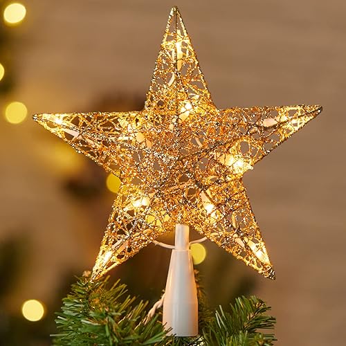 Decoración para árbol de Navidad con forma de estrella dorada entrelazada en 3D de 9 pulgadas, diseño hueco de metal con 10 bombillas integradas