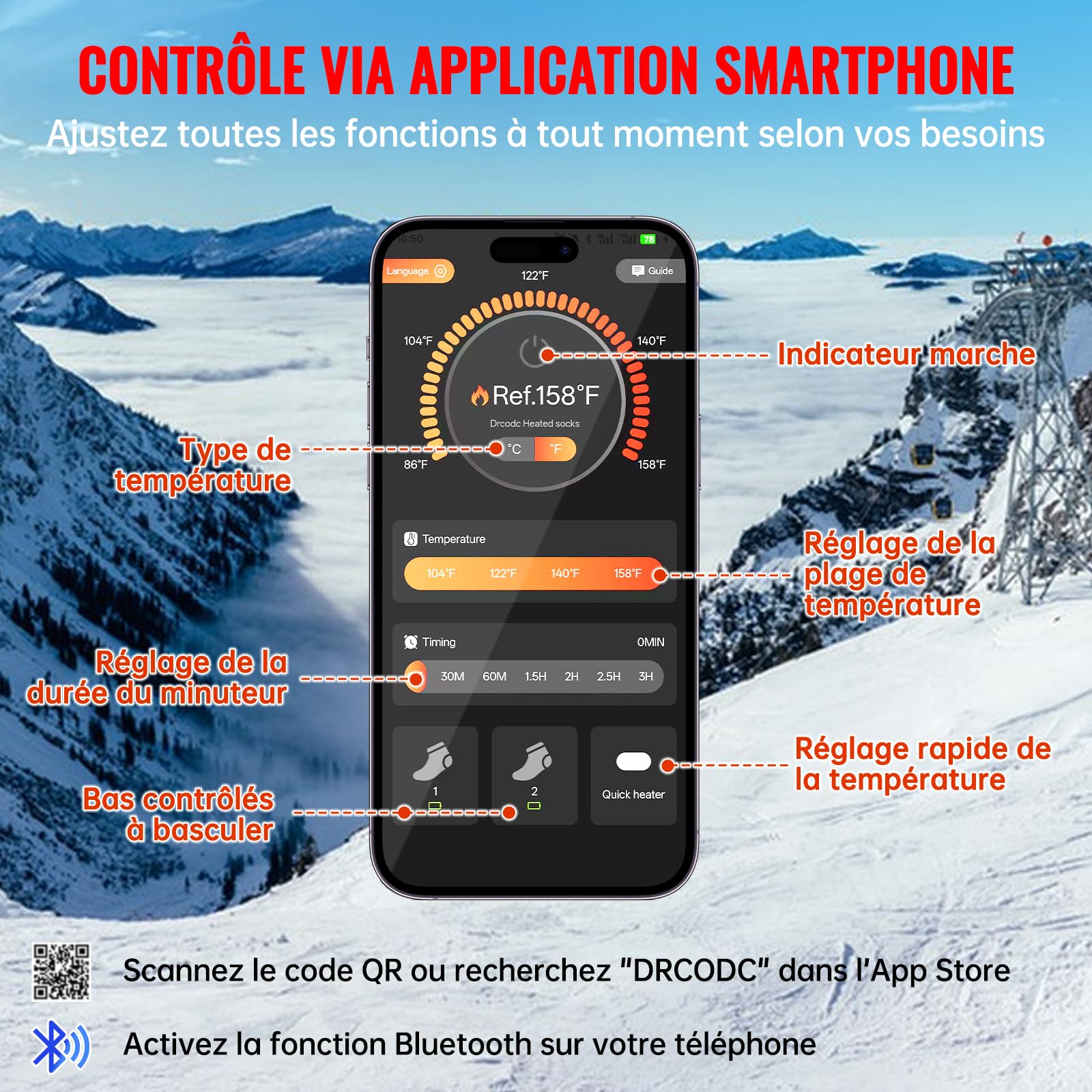 Chaussettes Chauffantes Électriques avec Batterie 8500mAh, Télécommande APP, 70°C, pour Ski Camping Cyclisme