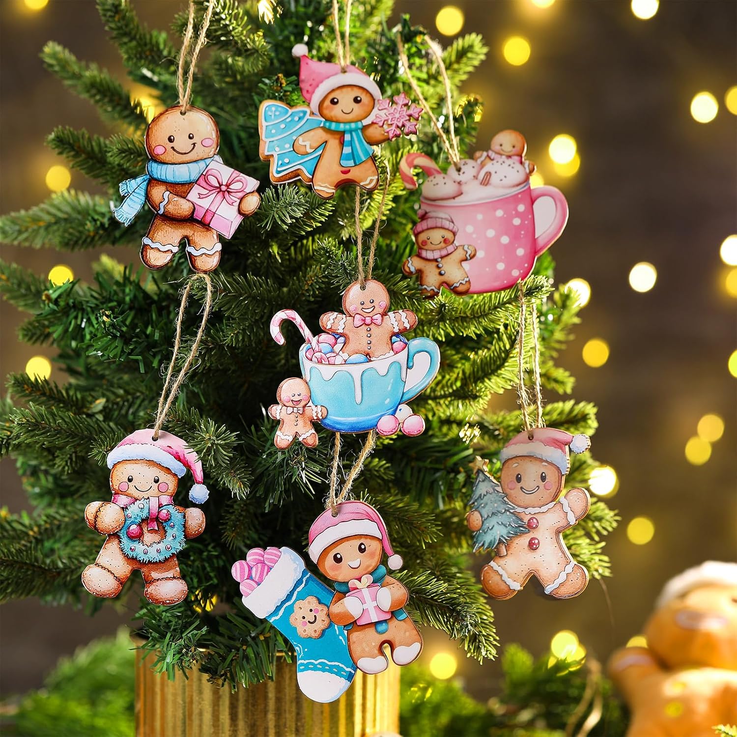Kathfly 24 Pcs Pastel Pink Gingerbread Christmas Ornaments Wooden Gingerbread Men Cookies with Hemp Rope Cute Christmas Hanging Decorations for Xmas Tree Holiday Party Decor - Image 4