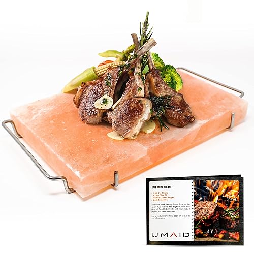 Miniatura 1 de UMAID Natural Himalayan Salt Block Cooking Plate 12 X 8 X 15 for Cooking Grilling Cutting and Serving Food Grade Salt with Stainless Steel Tray Set