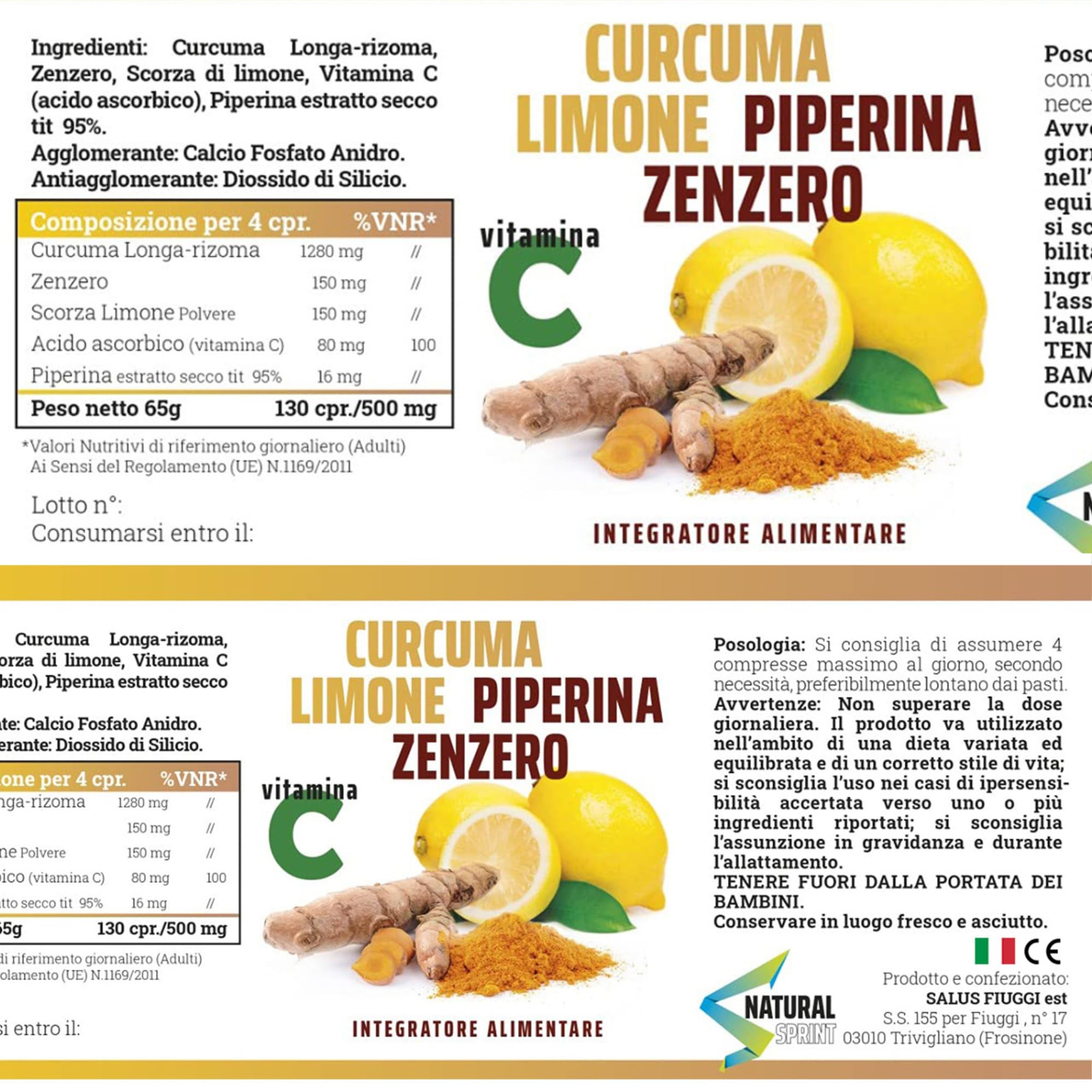 Curcuma Piperina e Vitamina C plus Limone e Zenzero. Dose Forte di Curcuma 5000 mg e Vitamina C + Piperina + Zenzero 130 Compresse Vegane Senza Zuccheri e senza Glutine, Made in Italy