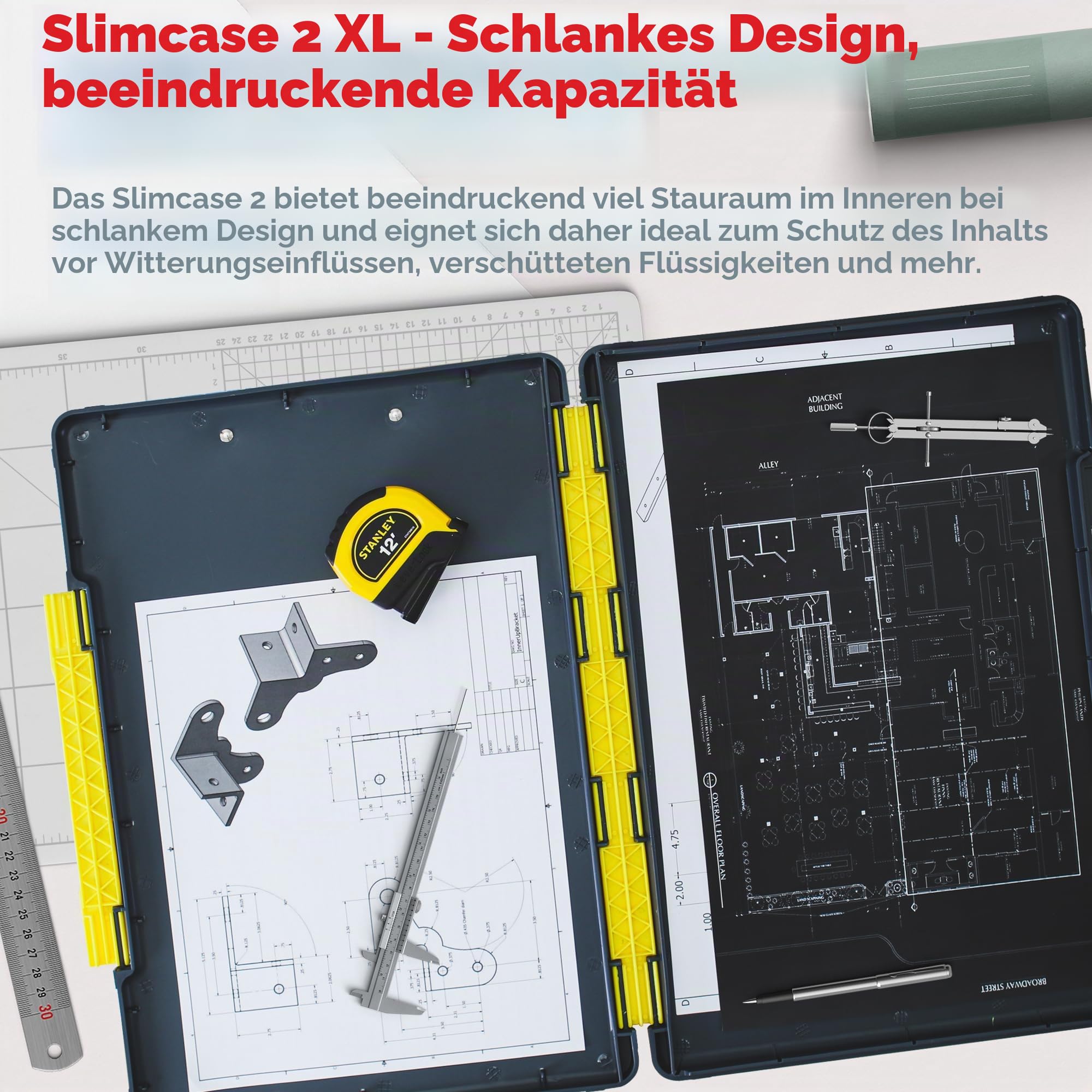 Dexas XL Slimcase 2 Klemmbrett zur Aufbewahrung, legale Größe, Kunststoff, Grau mit gelbem Clip, 15.5" x 10.5" x 1"
