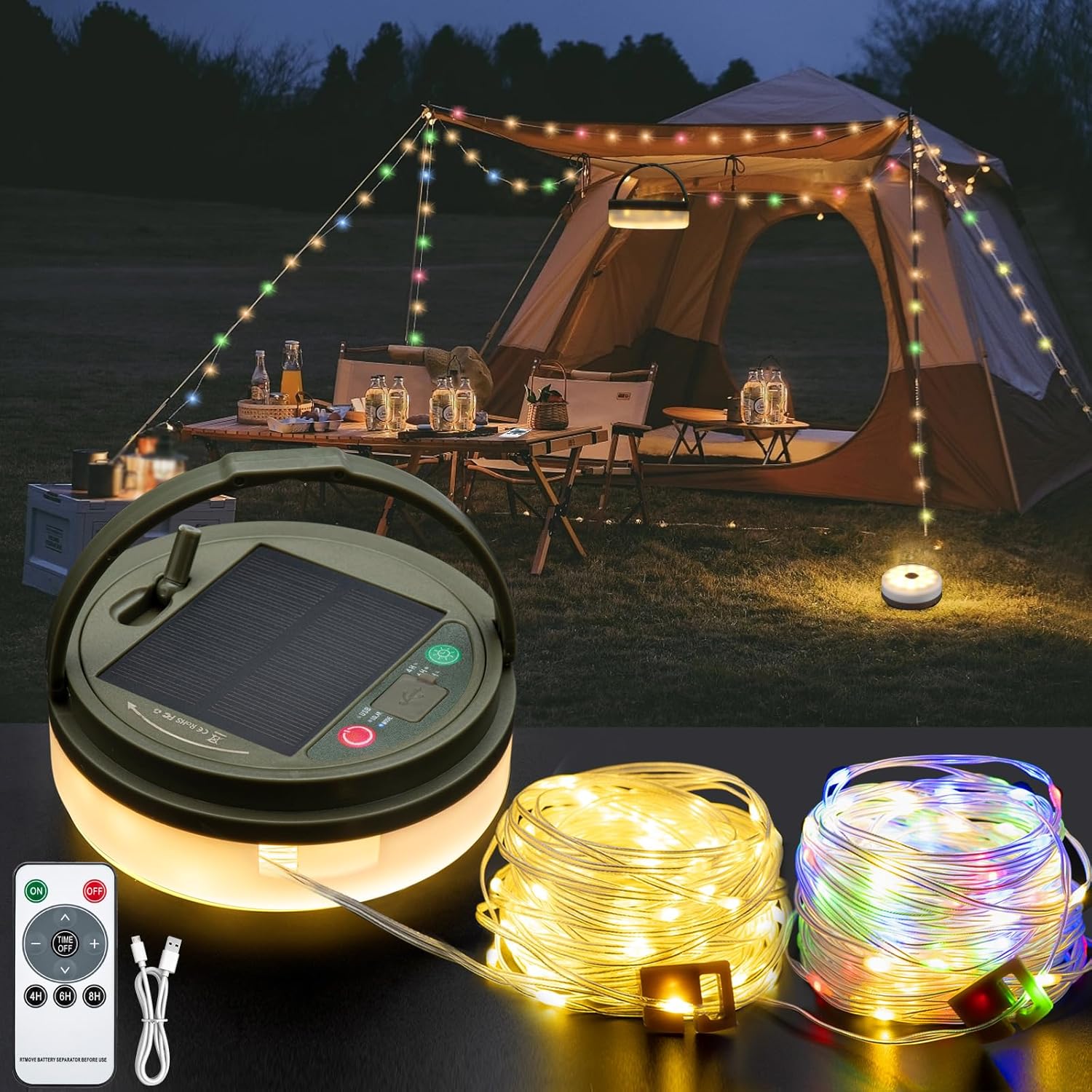 Solar Camping String Lights, 4 in 1 Outdoor Camping Lantern with 8 Lighting Modes(32.8Ft), Quick 30s Recovery, Waterproof, Type-C Fast Charging, Portable Camping Lights for Camping/Yard/Hiking