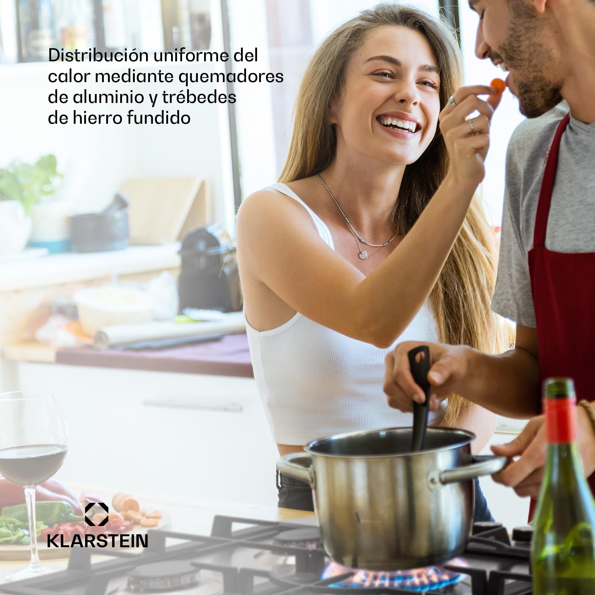 Klarstein Cocina de Gas Butano, 5 Fuegos Placa de Gas para Encimera Cocina, Potencia de 11100W, Placa Butano Integrada Acero y Cristal Cerámico, Fogones para Cocinas, Encimera de 5 Anillos GPL