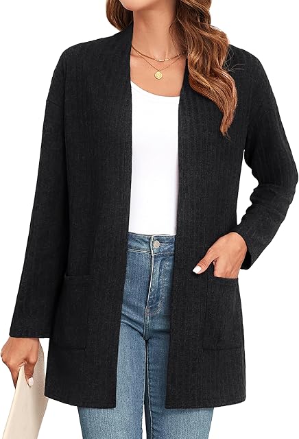 IWOLLENCE Cardigan for Women Lightweight Casual Long Sleeve Solid Open Front Cardigans Ribbed Knit Sweaters with Pockets