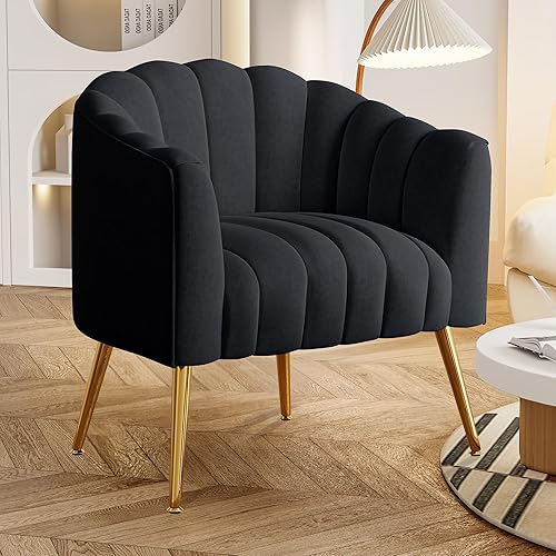 Oversized Pumpkin Couch Accent Chair, Modern Comfy Velvet Upholstered Barrel Chairs, Luxury Single Sofa Armchair for Living Room, Waiting Room, Office and Vanity, (Black)