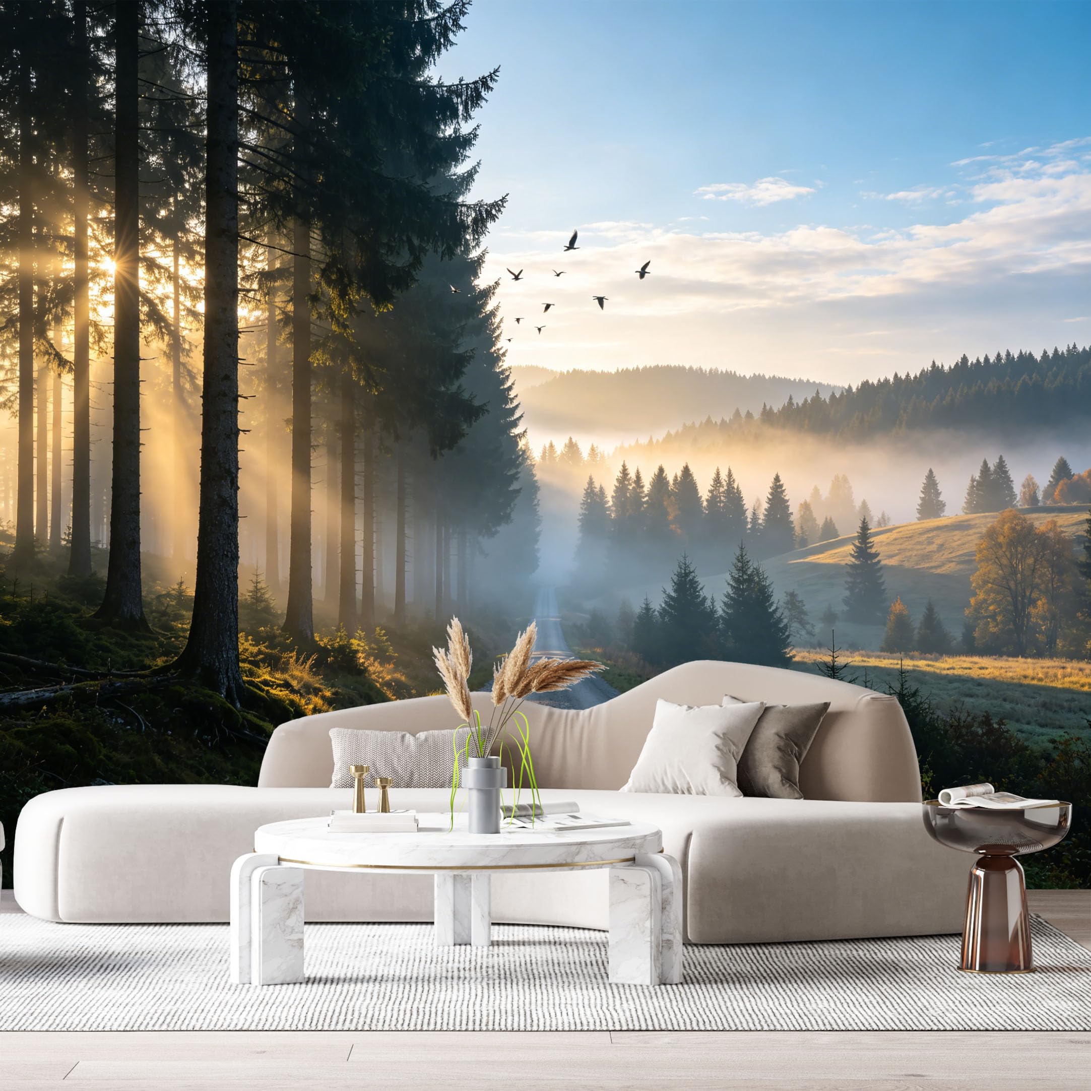 Custom Size Wall Murals Misty Forest Landscape Sunrise Rays Pine Tree Path SelfAdhesive Wall Fabric Removable Large Wallpaper for Photo Living Room Interior Decor