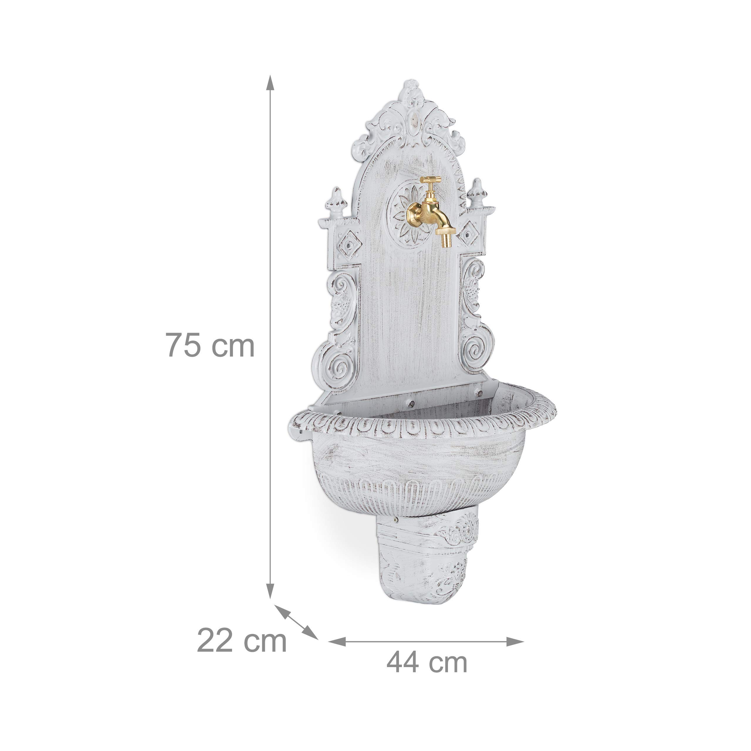 Relaxdays XL Wandbrunnen antik, mit Wasserhahn, nostalgisch, Waschbecken Garten, Aluguss, HBT 75 x 44 x 22 cm, weiß