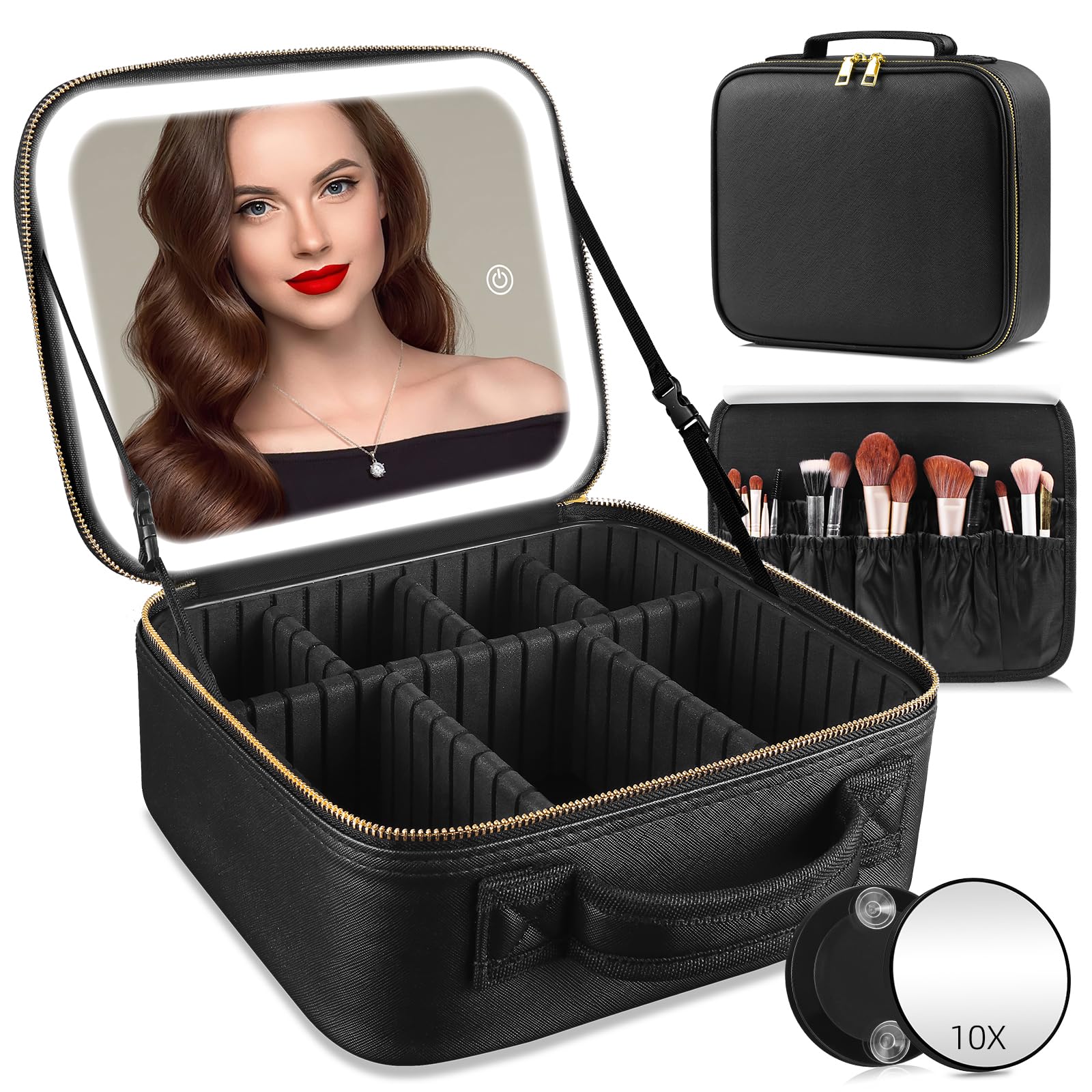 Reisekosmetiktasche mit beleuchtetem Spiegel, 3 Farbmodi dimmbaren Lichtspiegel, wasserdichte PU Leder Make up Organizer Tasche