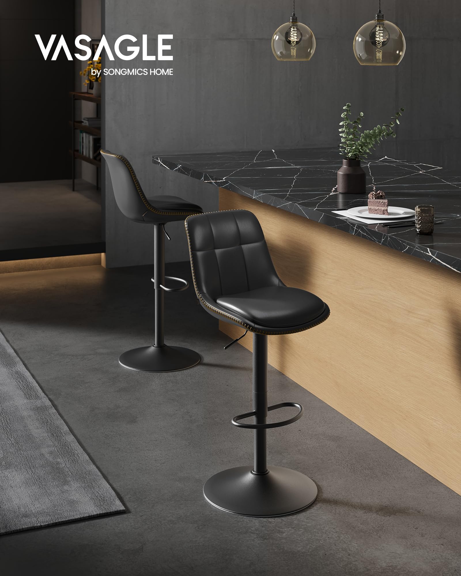 VASAGLE Set di 2 Sgabelli da Bar, Sedie da Bar Girevoli Regolabili in Altezza, PU Trapunta, Sedie da Cucina con Schienale e Poggiapiedi, Sala da Pranzo, Bancone, Acciaio, Nero Inchiostro LJB095B01