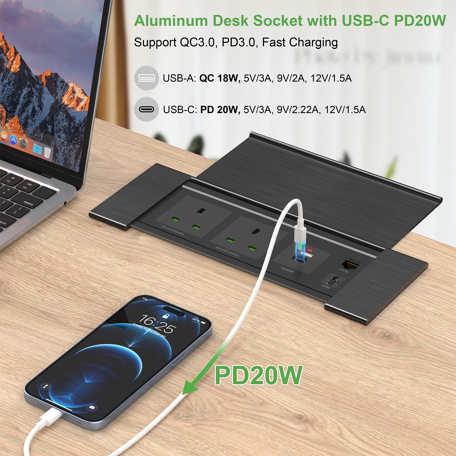 BTU Desk Power Grommet With 2 AC Outlets & 4 USB Ports (PD 20W) - Recessed Mount, 6ft Cord, Black