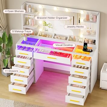 Dressing Table with Mirror & RGB Light,Glass Top 11 Drawers,White