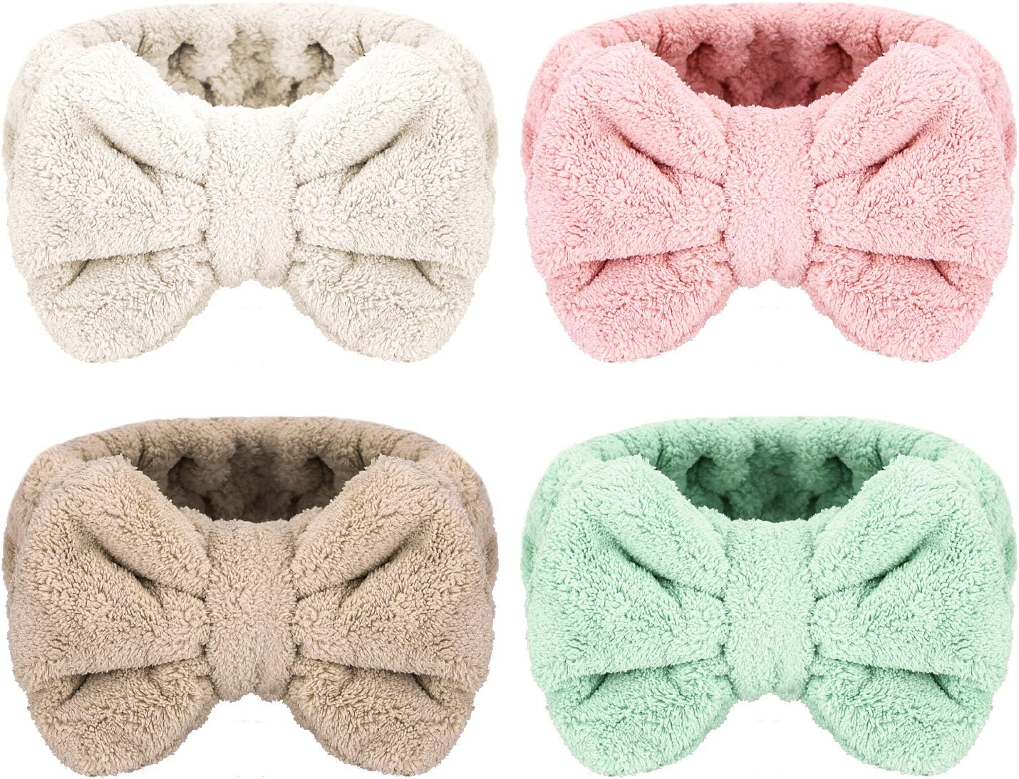 Senkary 4 Pack Microfiber Bowtie Headbands Soft Makeup Headbands Bow Hair Band Face Wash Spa Shower Headbands for Women and Girls (Light Pink, White, Green, Brown)