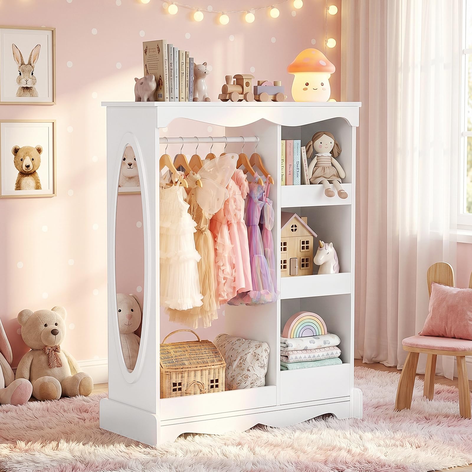 VOWNER Armario Infantil con Espejo, Perchero Infantil, Guardarropa Infantil, Mueble Montessori (Blanco)