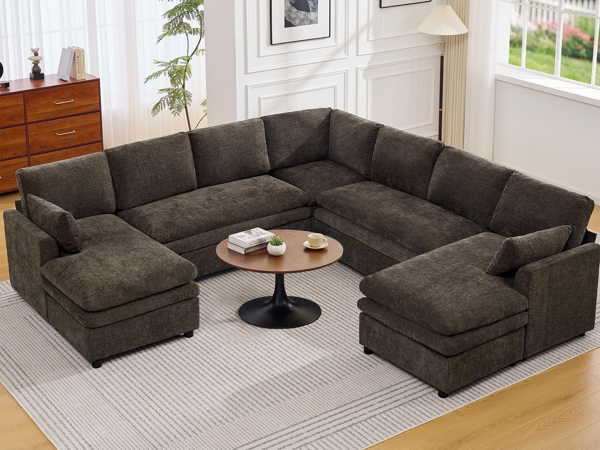 110" Sectional Couches with Double Chaises, Comfy Deep Dual-Layer Cushion Couch, 9 Seater Oversize Couch, Modern Modular Sofa, Chenille Sofas for Living Room, Apartment, Brown