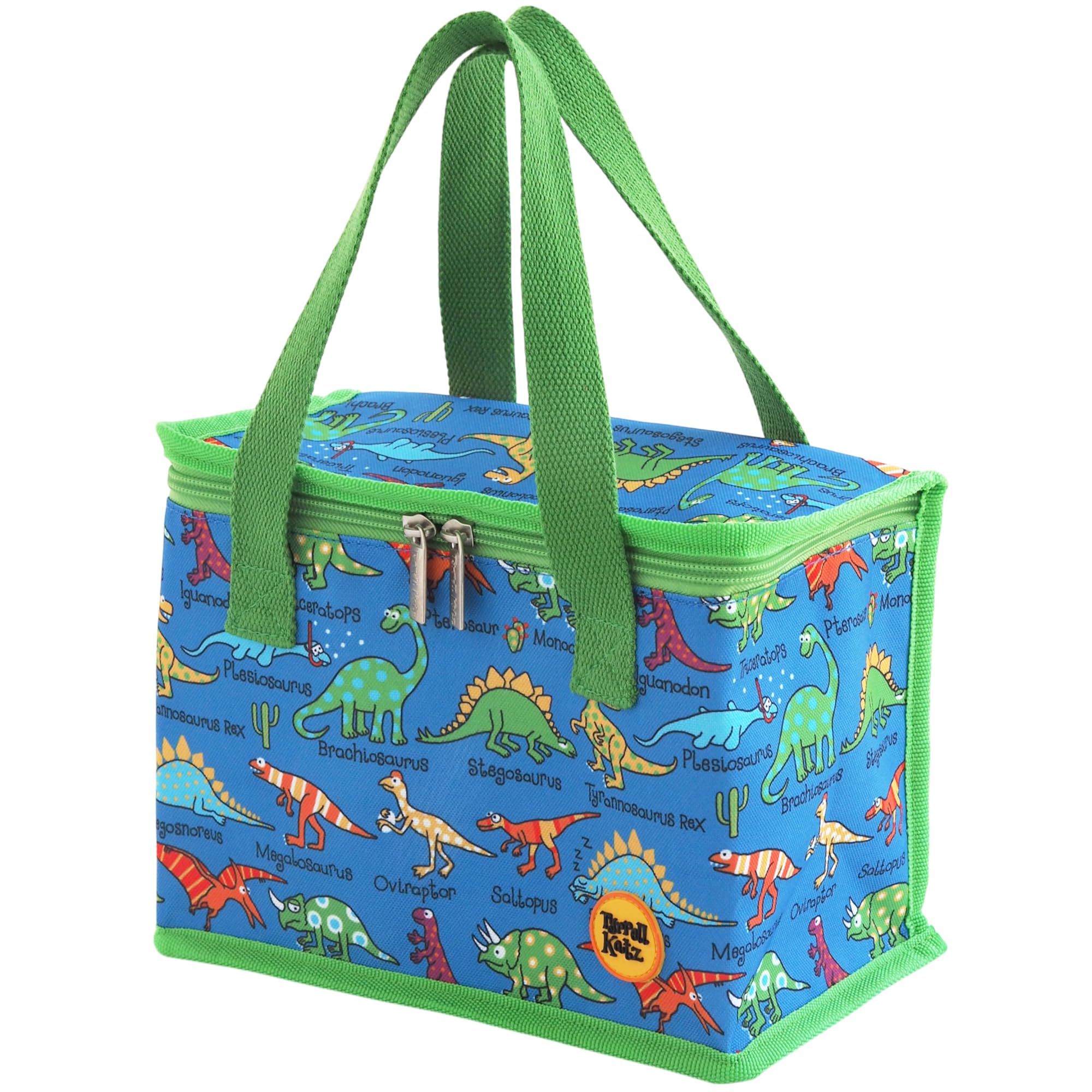 Tyrrell Katz Insulated Foldable Kids Blue Lunch Tote · Dinosaurs Design Children's Lunch Bag · Made from Long Lasting RPET Polyester Fabric · Double Zip Opening · Size: 23 x 18 x 13 cm