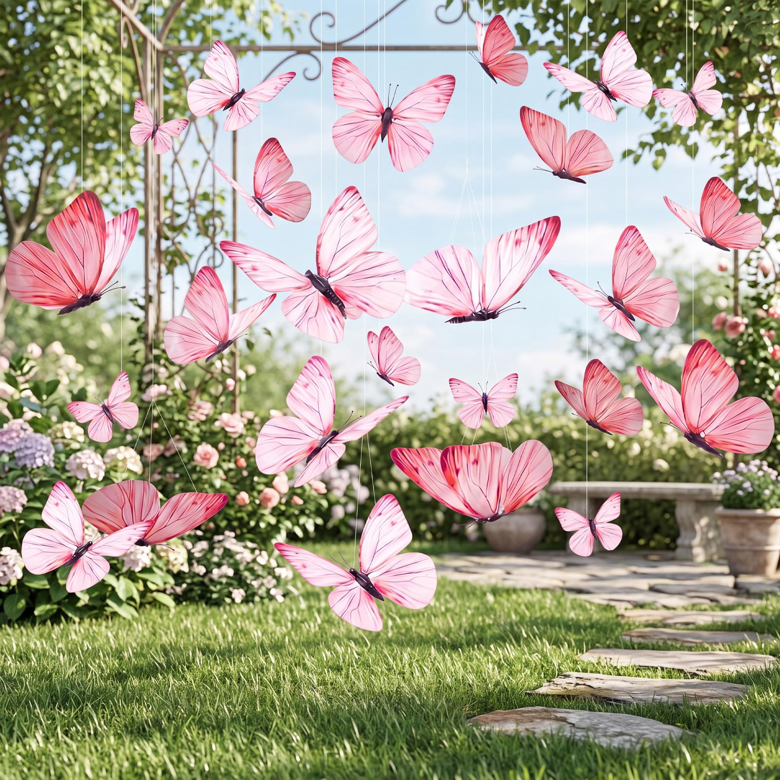 Photo 1 of Lyrow 24 Pcs Large Butterfly Party Decorations 5 Sizes Plastic Butterfly Hanging Decors 3D Waterproof Giant Cutout Outdoor Birthday Baby Shower Wedding Party Decor for Yard Garden Ceiling Wall(Pink)