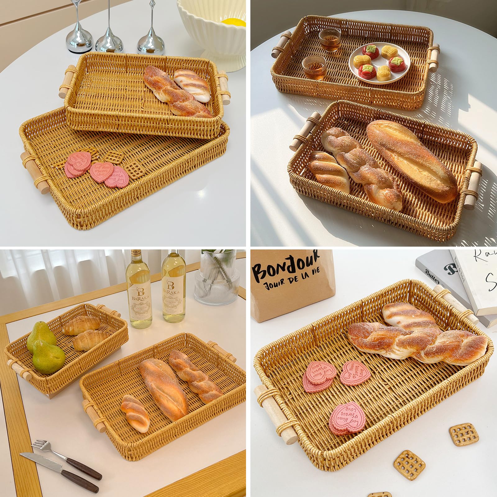 Wicker Basket Serving Tray with Handles Handwoven Rattan Storage Sofa Table Trays Decorative Organizer Tray for Eating Fruit Breakfast Food Coffee Bread Gift for Women, Set of 2 - Image 4