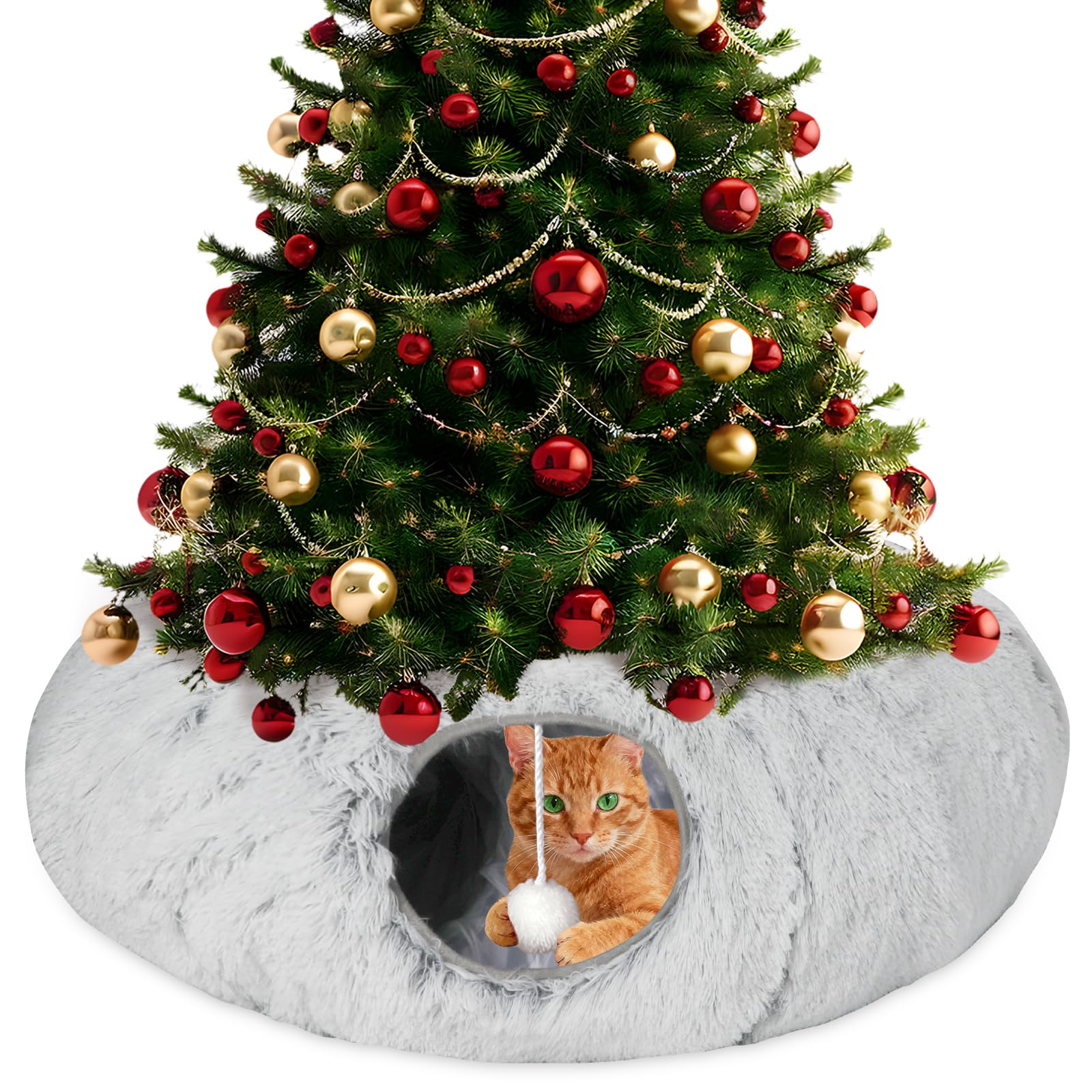 Túnel de felpa para gatos de interior, túnel plegable de dona para gatos con tapete central, tubo de cueva esponjoso para gatos con bola colgante para gato, gatito, conejo, cachorro, hurón