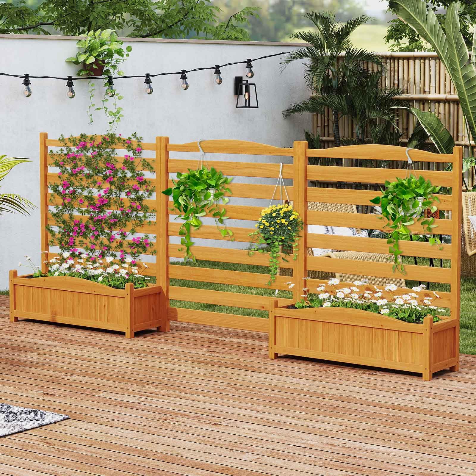 HOMASIS Fioriera Rialzata in Legno con Traliccio, Recinzione per Condizionatore Esterno con 2 Vasi da Fioriera, Letto da Giardino Rialzato con Fori di Drenaggio e Fondo Rimovibile (3 Pannelli)