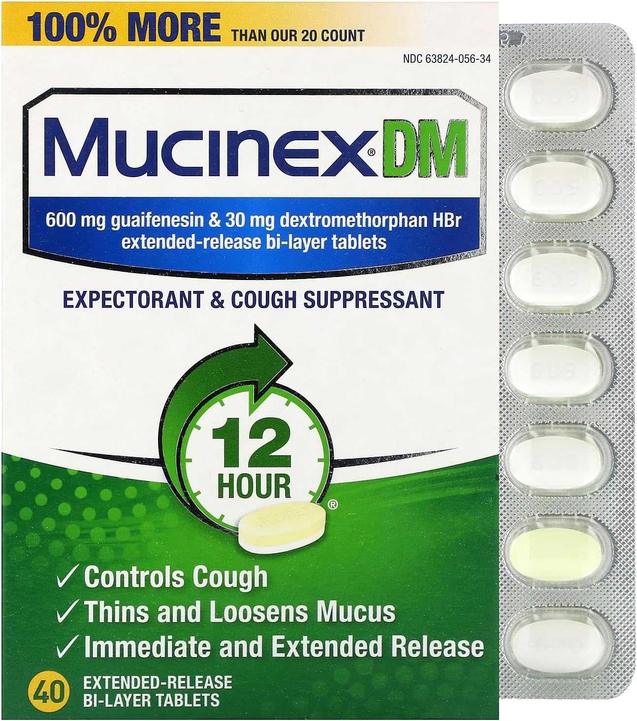 Mucinex DM 12-Hour Expectorant and Cough Suppressant Tablets, 40 Count (Pack of 3)