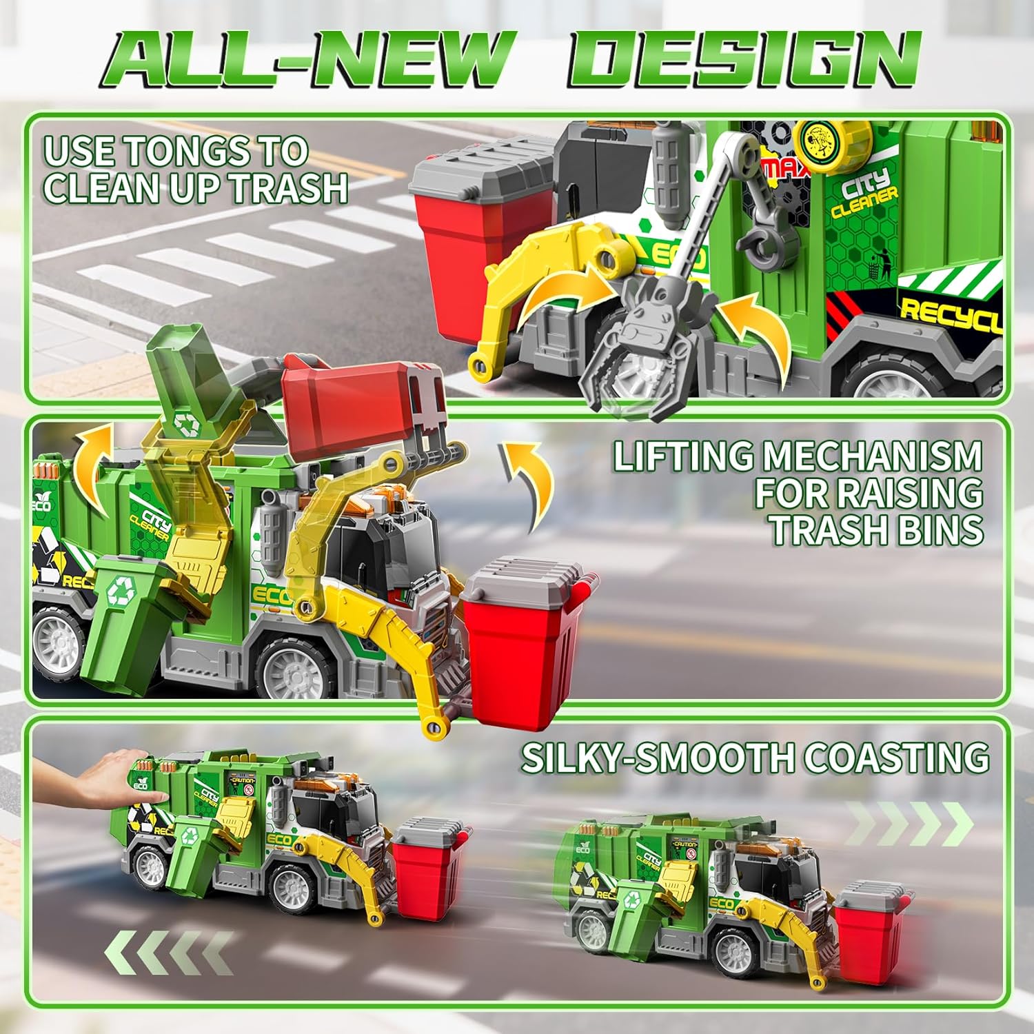 Large Friction Powered Garbage Truck Toy Set with Light & Sound - ECO City Cleaner with Recycle Dumpster, 4 Color-Coded Trash Bins & 2 Ejection Cars, Ideal Birthdays for Toddlers Boys Girls