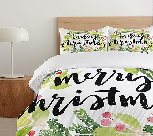 Miniatura 5 de Ambesonne Juego de funda de edredón de Navidad, estilo pintura de acuarela, corona de Navidad y muérdago con letras a mano, juego de ropa de cama