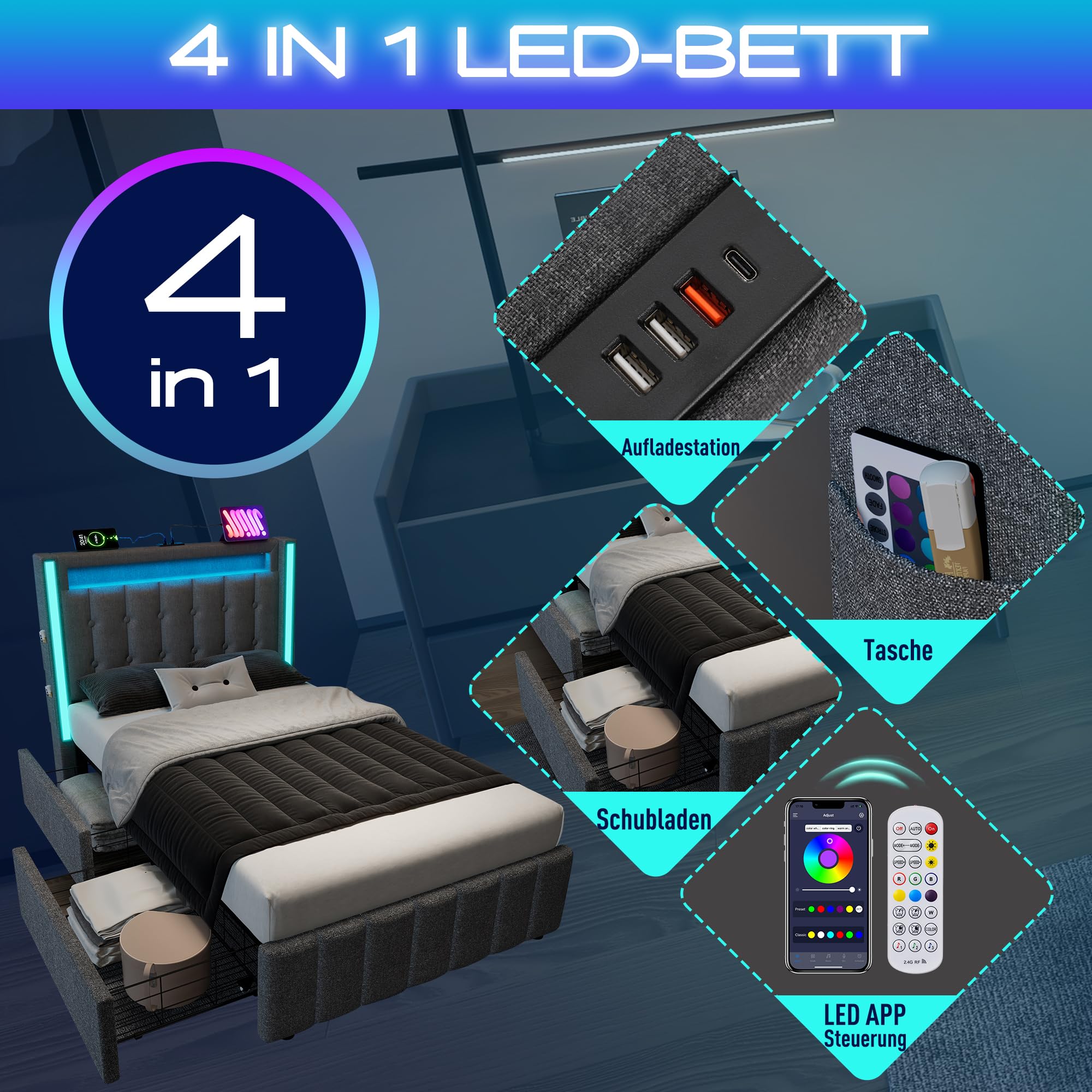 Modernes Polsterbett 90x200cm | Grau | USB-C Ladefunktion | LED-Beleuchtung | 2 Schubladen | Smart Home App | Fernbedienung | Robuster Lattenrost | Jugendbett | Stauraumbett