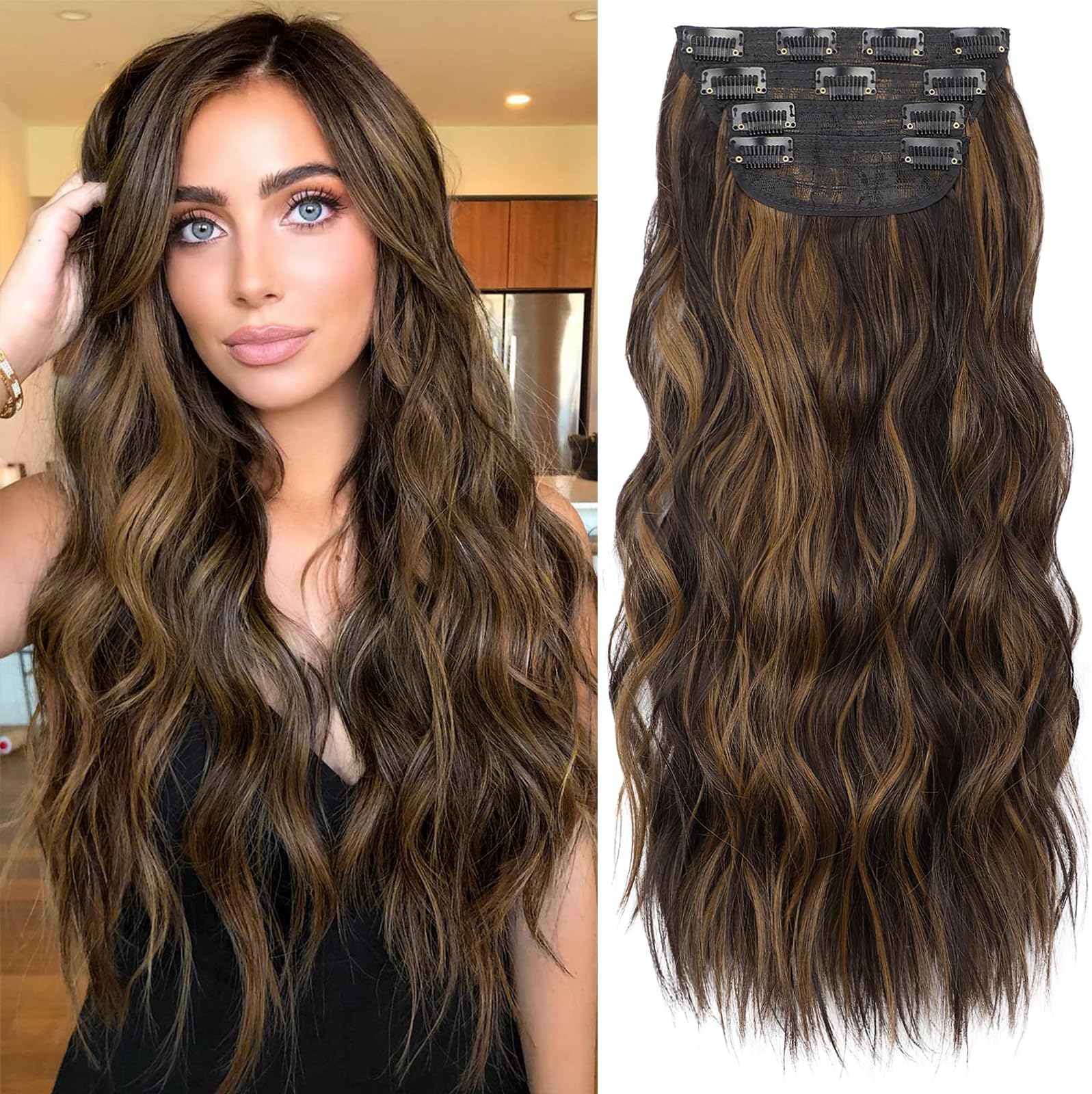 KooKaStyle Clip in Synthetic Hair Extensions Long Wavy 4PCS Thick Hairpieces Balayage Dark Brown to Chestnut Fiber Double Weft Natural Hair Extensions 16 Inch for Women