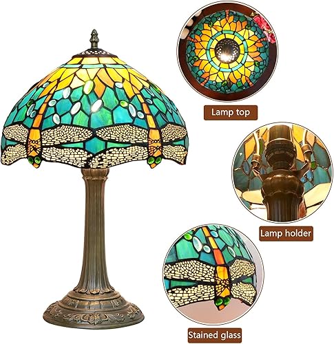 Miniatura 4 de Lámpara Tiffany estilo libélula verde, lámparas de cristal verde azulado, lámpara de mesita de noche para dormitorio, oficina, manualidades,