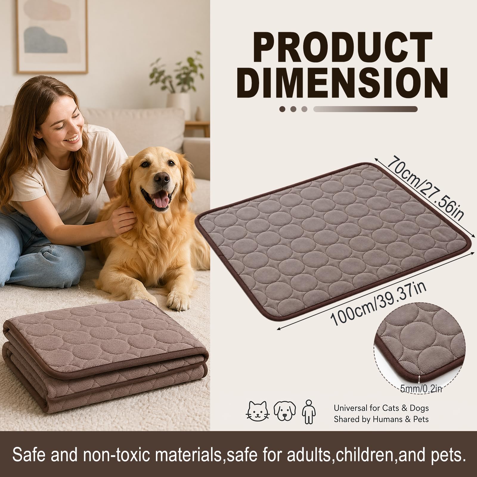 Yuragim Kühlmatte für Hunde Groß, Selbstkühlende Hundematte Sommer 100x70 cm, Kühldecke für Hunde und Katzen, Waschbar Kühlkissen, rutschfeste Hundematte Kühlend für Zuhause Auto Reise, Braun