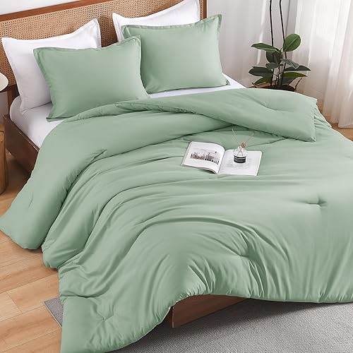 Miniatura 2 de Andency Juego de edredón tamaño Queen de color verde salvia, juego de edredón bohemio de 3 piezas, ligero, suave, para hombres y mujeres (edredón de