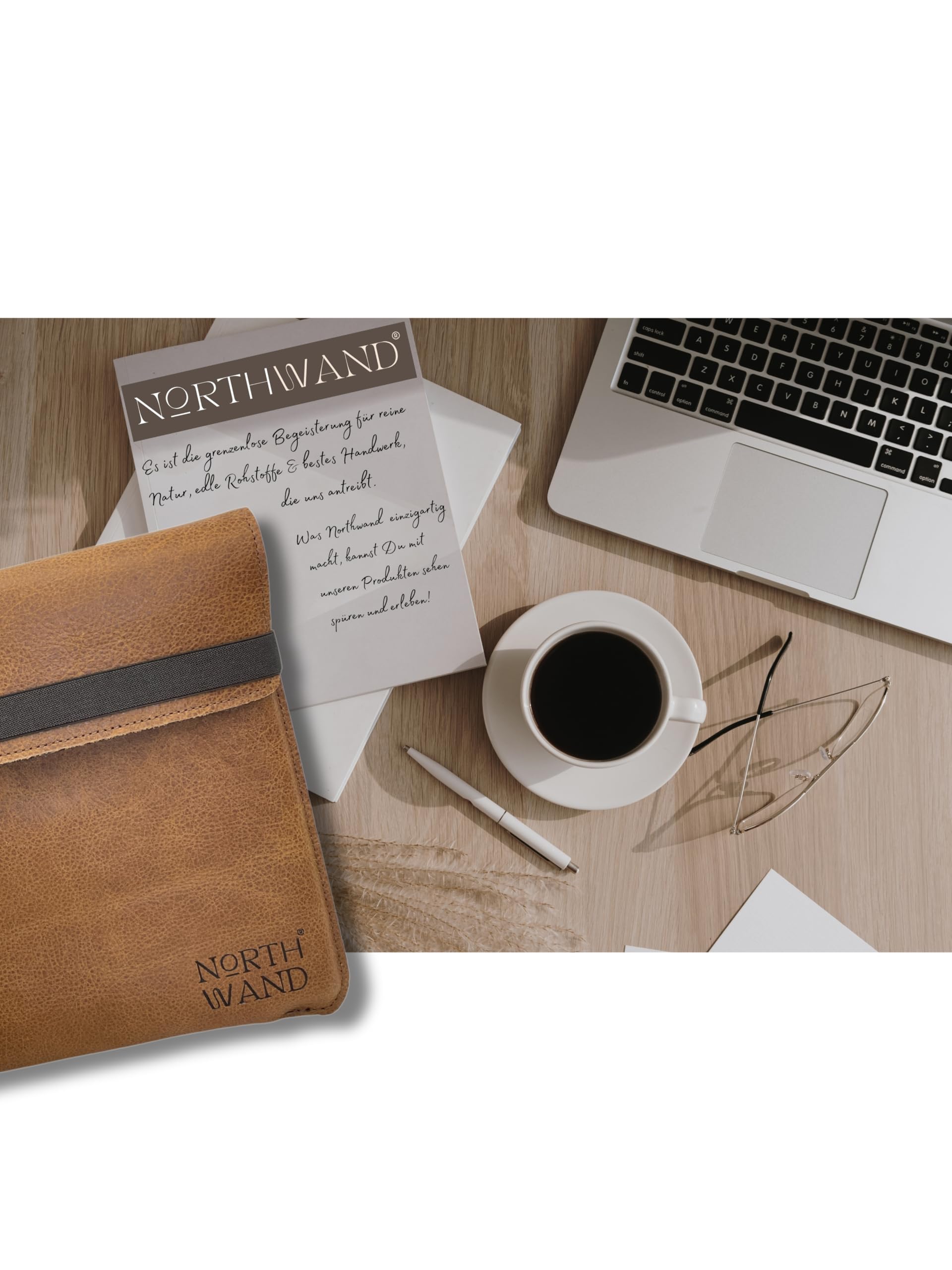 NorthWand Pokrowiec na MacBook Air 15 (M2), Pro 16 (M2), HP & Lenovo 15,6", notebooki 15-16". Etui, etui ze skóry garbowanej roślinnie z wytłoczeniem Signet. Handmade in Germany. Kolor brązowy
