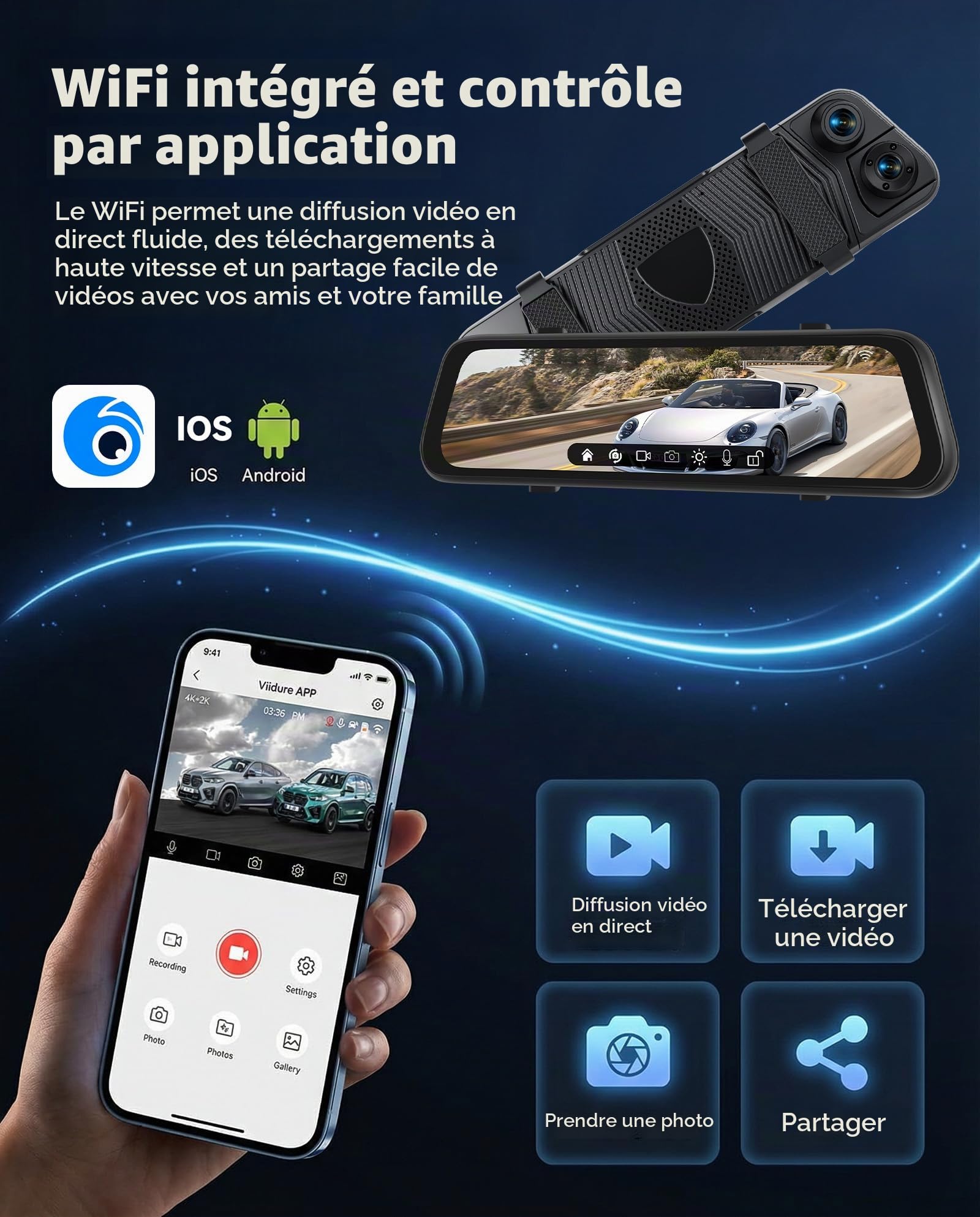 SIXWIN Rétroviseur Dashcam 9,66" Tactile 1080P HD 3 Canaux WiF | Enregistrement 1080P + 2×720P | Vision Nocturne, Boucle, Capteur G, Caméra de Recul, Angle 150° | Installation Universelle