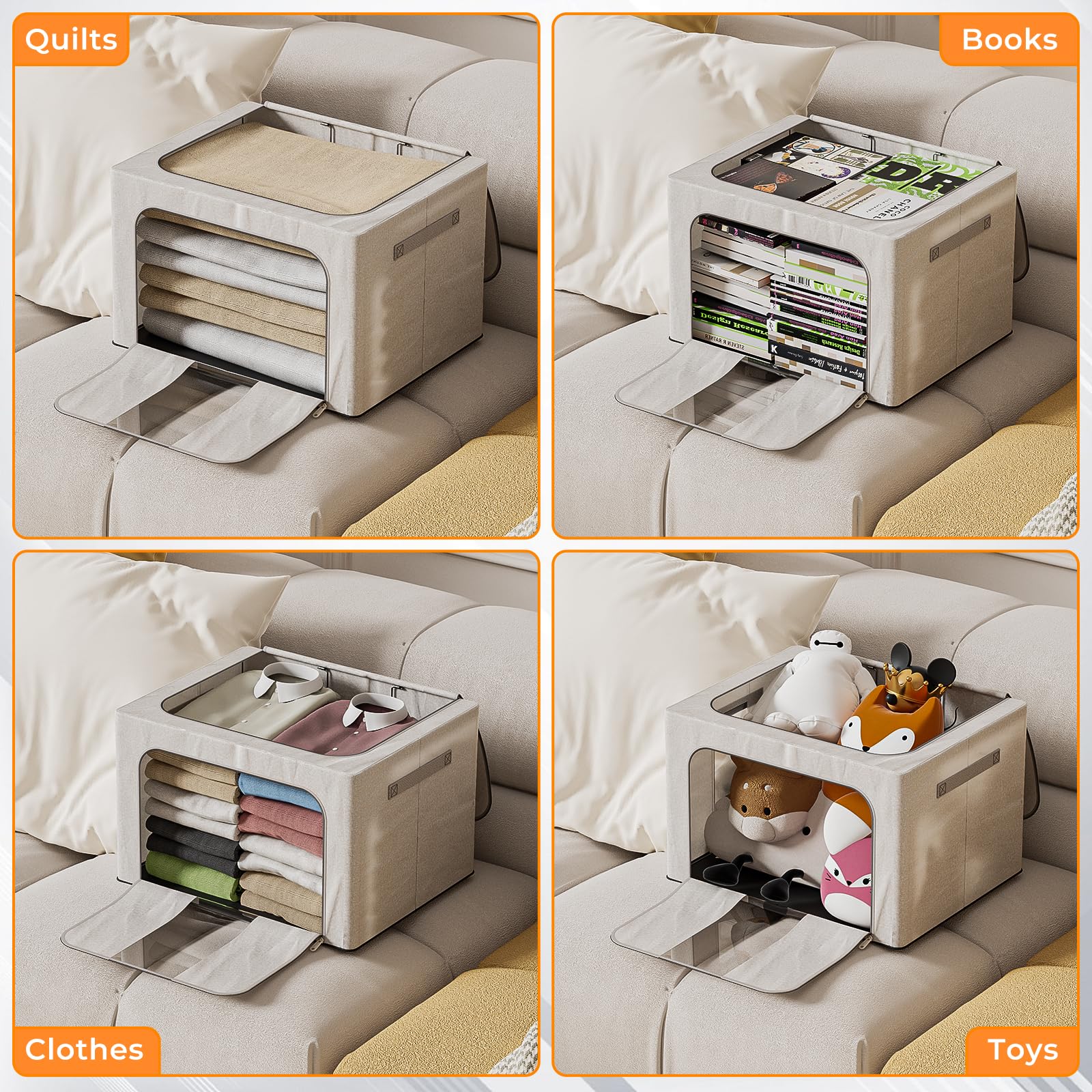 3 Pezzi 66L Scatole Per Armadio Rigide Con Struttura In Metallo, Pieghevole Contenitori Per Armadio Salvaspazio Con Cerniera, Organizer Armadio Per Asciugamani, Piumini, Coperte Grigio 3x66L