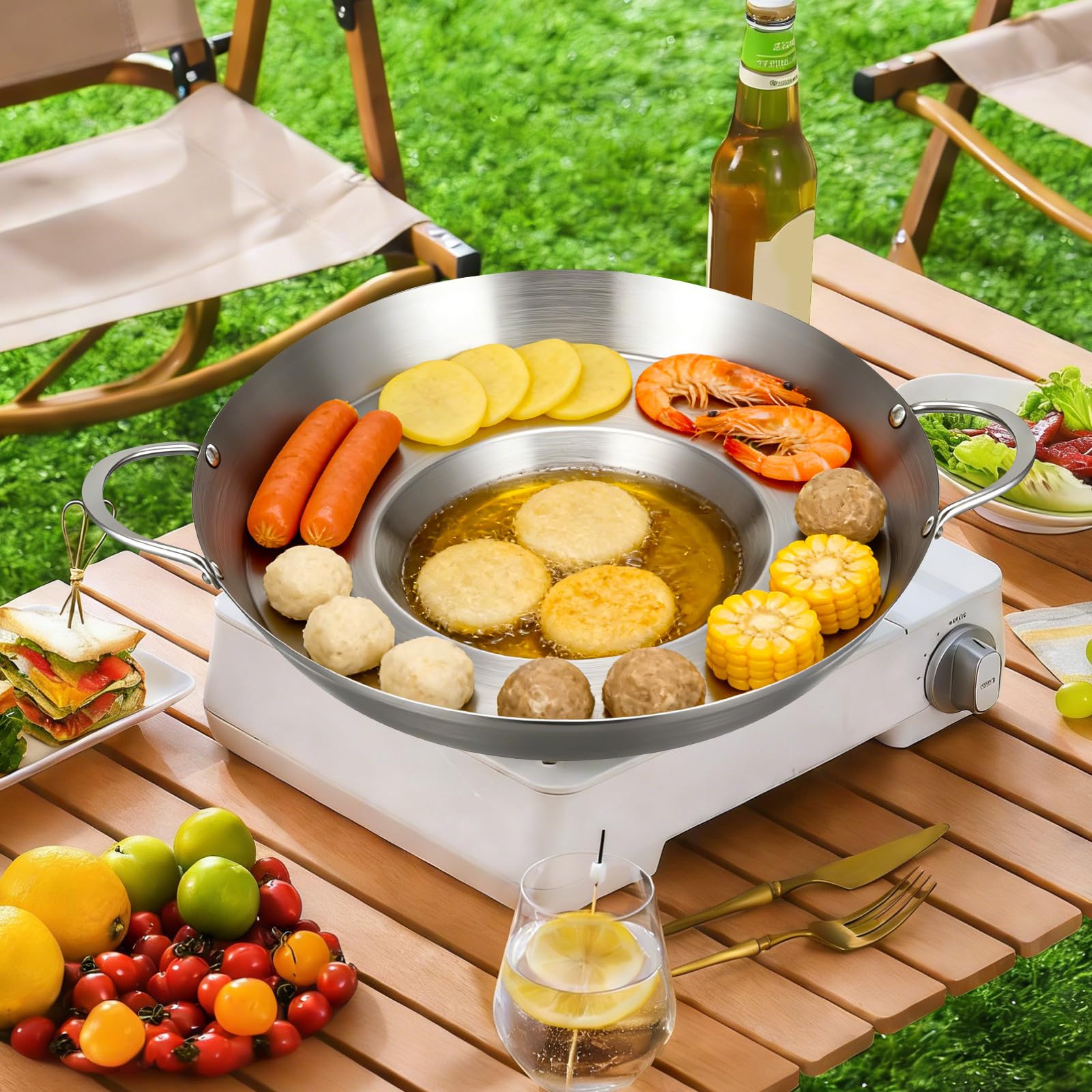 Artibetter Poêle en Acier Inoxydable Argentée Épaisse, Adaptée la Cuisson Barbecue en Extérieur, Ustensile Cuisine Inox Professionnel Polyvalent