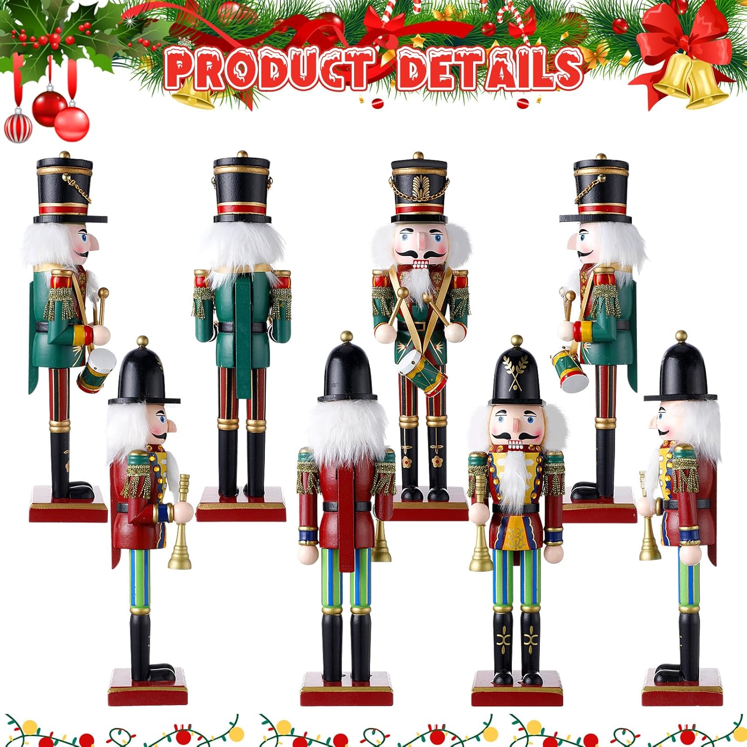 Huwena 2 Pcs Christmas Nutcracker Figure Decorations 12'' Traditional Painted Wooden Nutcracker Soldier Figure Decor Holiday Festive Party Gift for Xmas Home Office Mantel Table Decor(Drum and Horn)