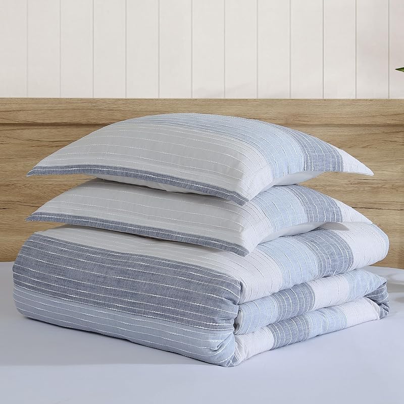 Levtex Home Sand Stripes Blue King/Cal King Comforter Set (106x94in) with 2 Pillowcases (36x20in) - Woven Jacquard Stripe - Blue, Grey, White - Cotton King Size Comforter Set - Soft Pre-Washed image 4