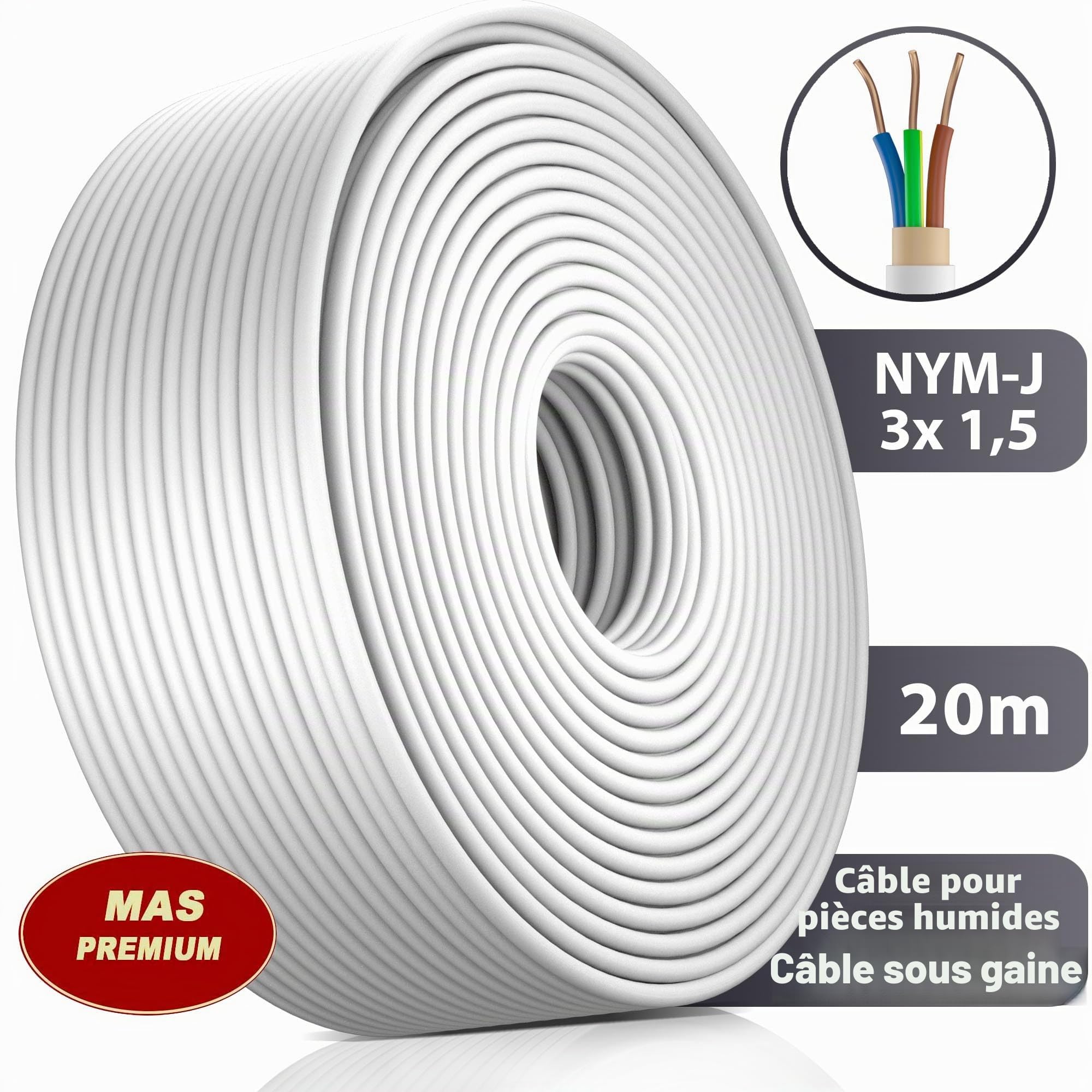 Câble d'alimentation NYM-J anti-humidité - 5, 10, 15, 20, 25, 30, 35, 40, 50, 60, 70, 75, 80, 90 ou 100 m - Câble gainé NYM-J 3 x 1,5 mm² - Anneau pour une pose fixe (20 m)