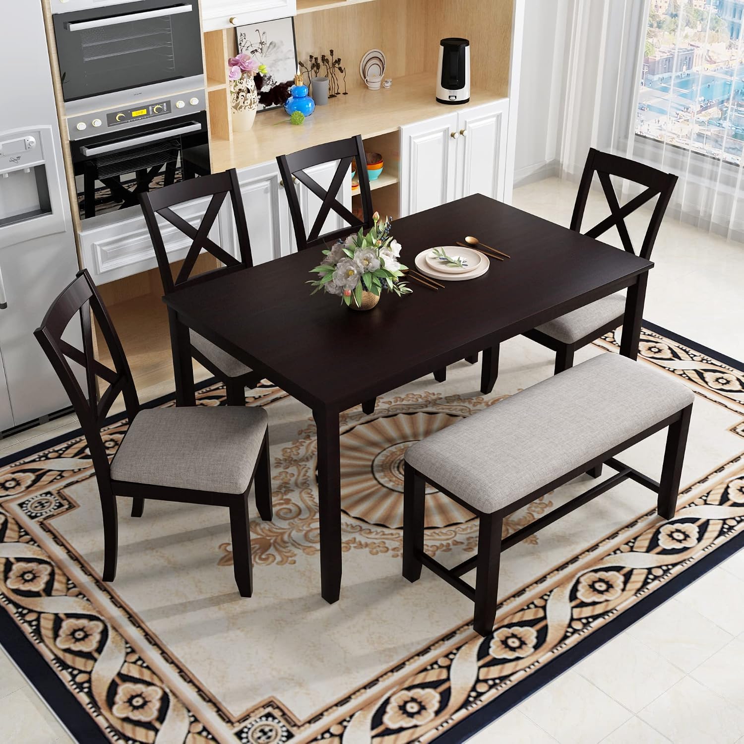 6Piece Kitchen Dining Table Set Wooden Rectangular Dining