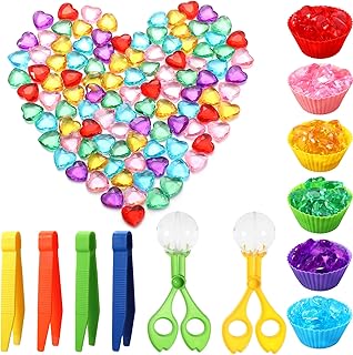 132 PCS Fine Motor Skills Toys Sensory Bin Filler, Includes 120 Heart Acrylic Gems, 4 Tweezers, 2 Scissors Clips, 6 Cups for Boys Girls Preschool Learning Sorting Counting Montessori Toys